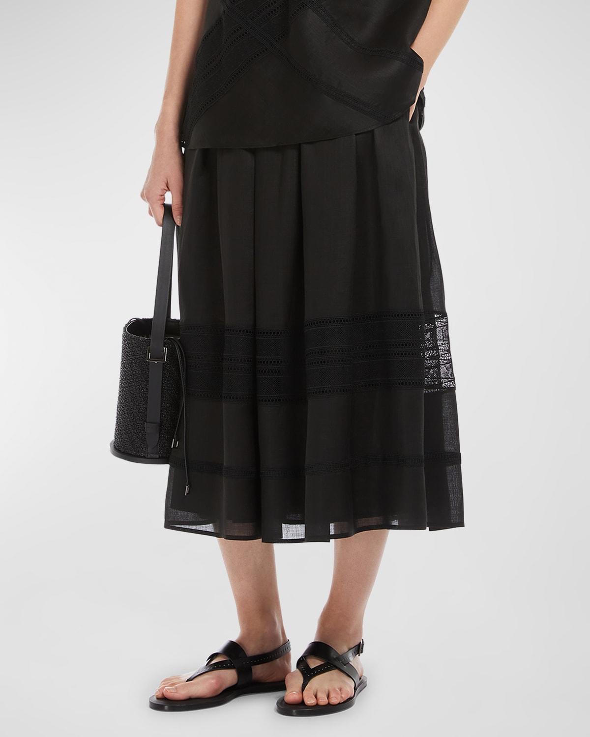 Shop Max Mara Patto Pleated Lace-inset Midi Skirt In Black
