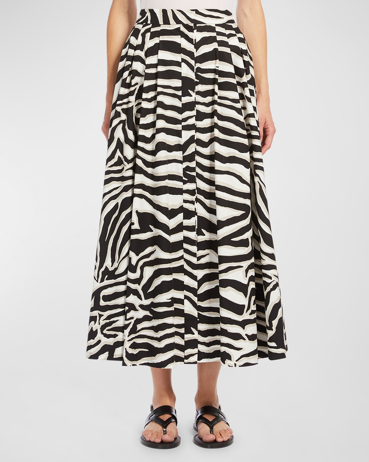 Shop Max Mara Nichols Pleated Animal-print Poplin Midi Skirt In White Black