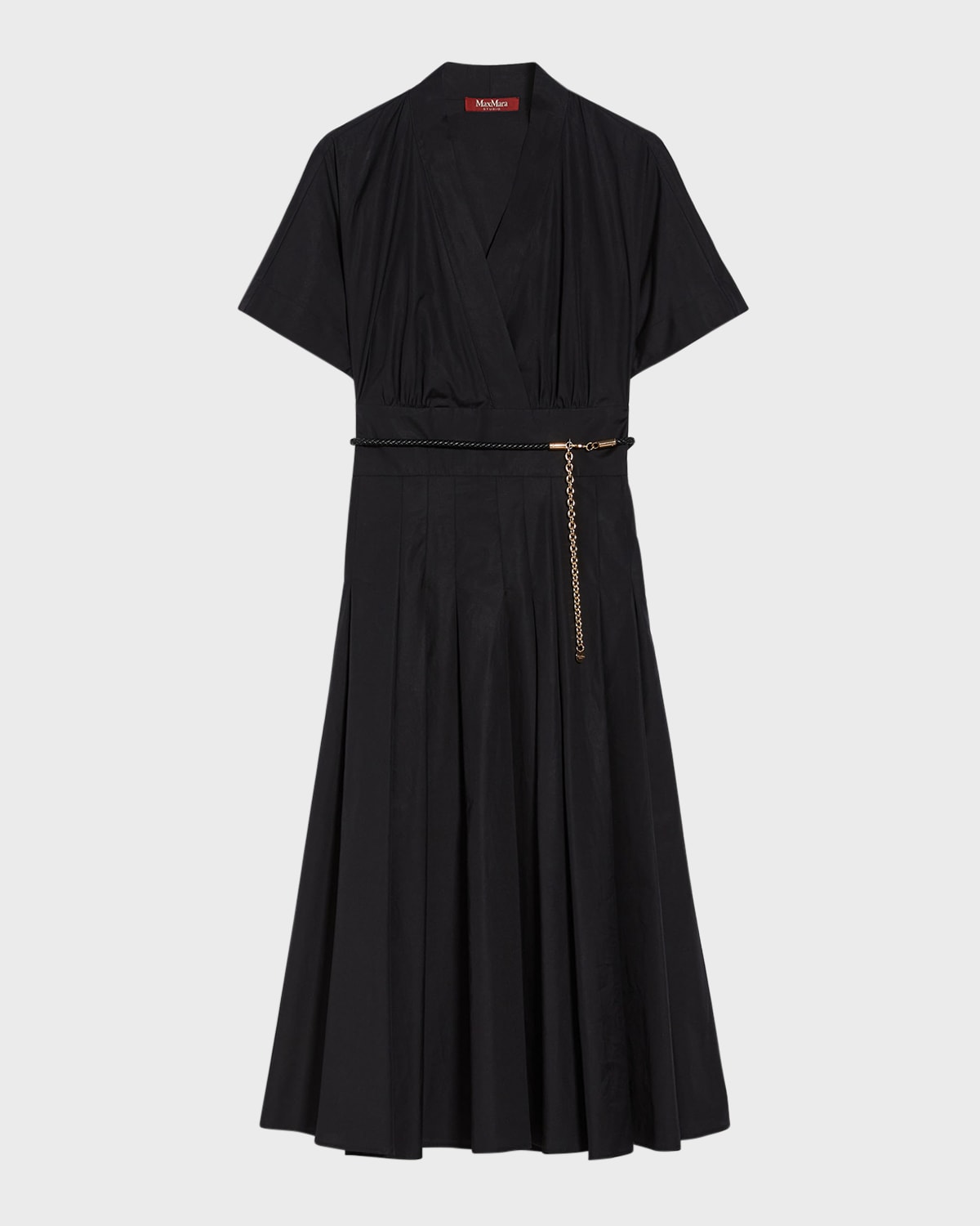 Max Mara Alatri Pleated Belted Cotton Poplin Midi Dress In Black