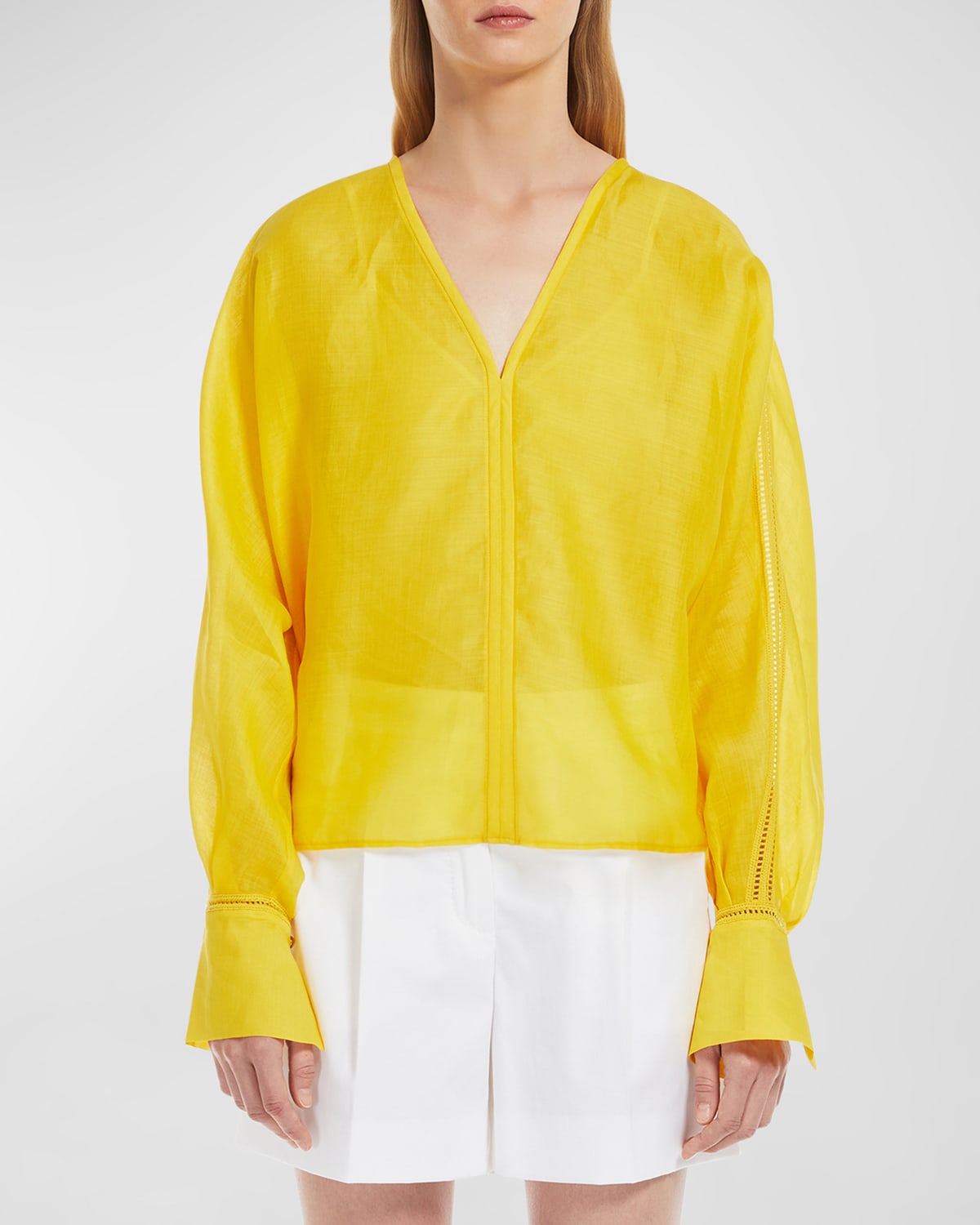 Shop Max Mara Leccio Lace-trim Ramie Gauze Shirt In Yellow