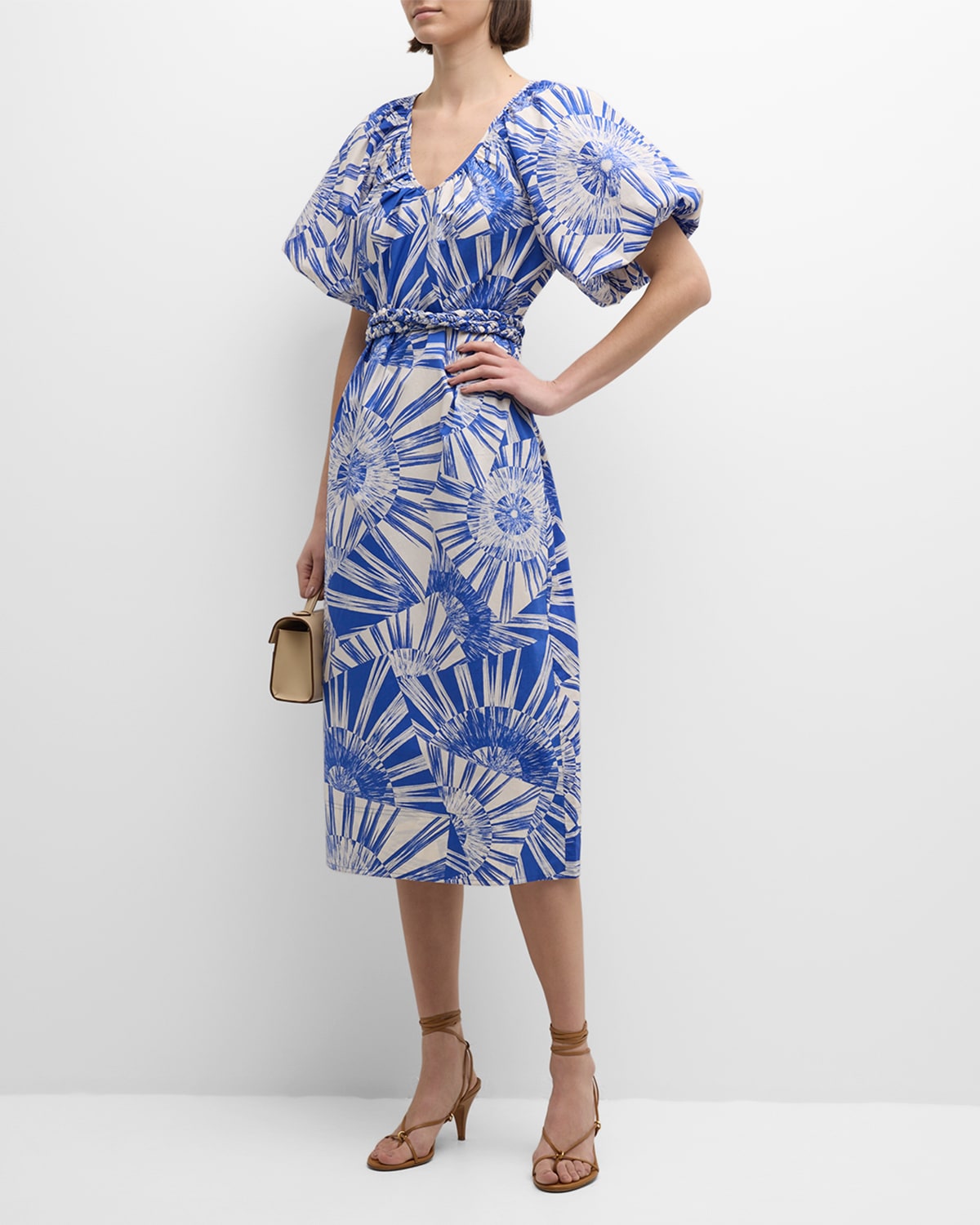 Foster Geo-Print Blouson-Sleeve Midi Dress