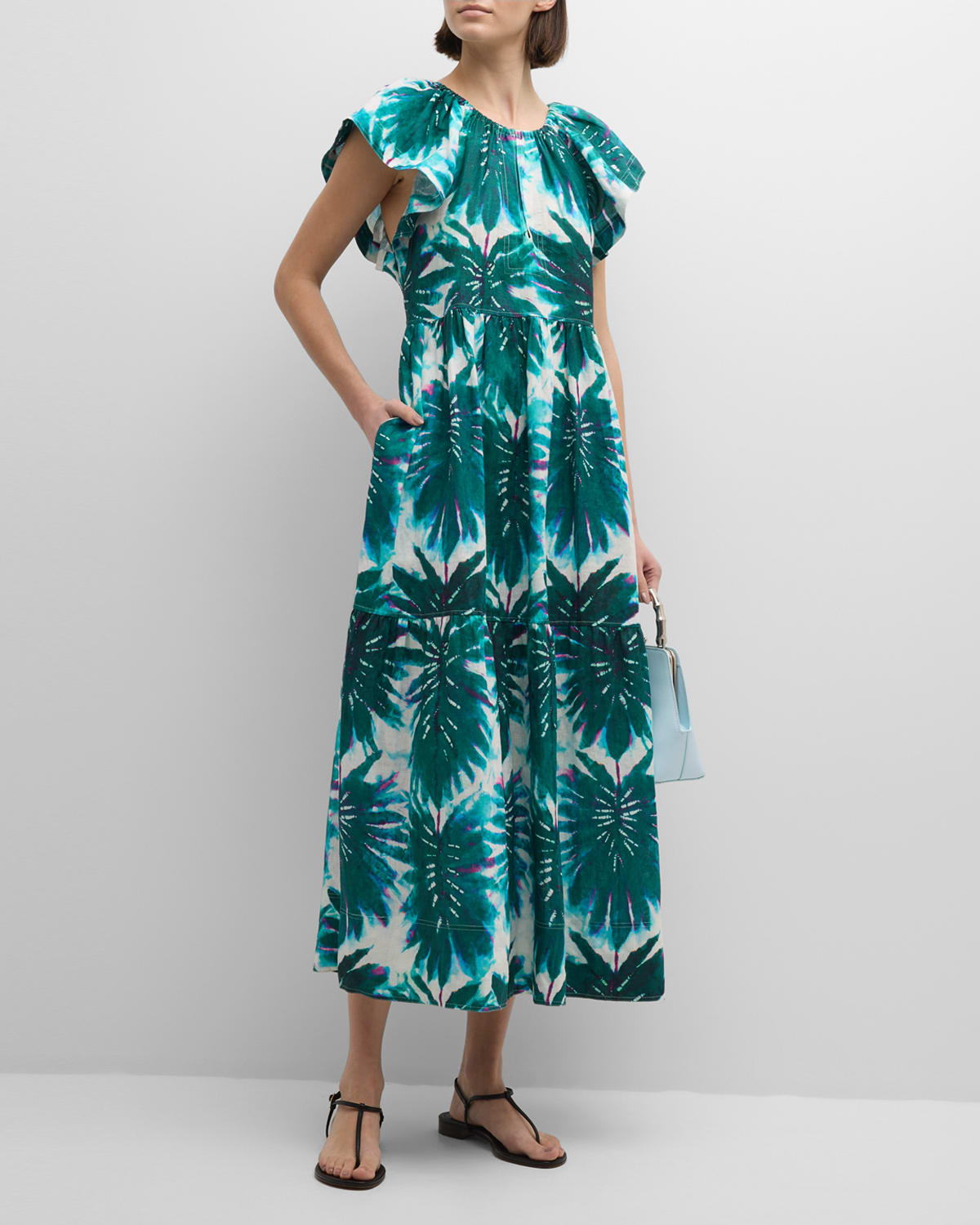 Marie Oliver Kara Tiered Leaf-print Linen Midi Dress In Monstera