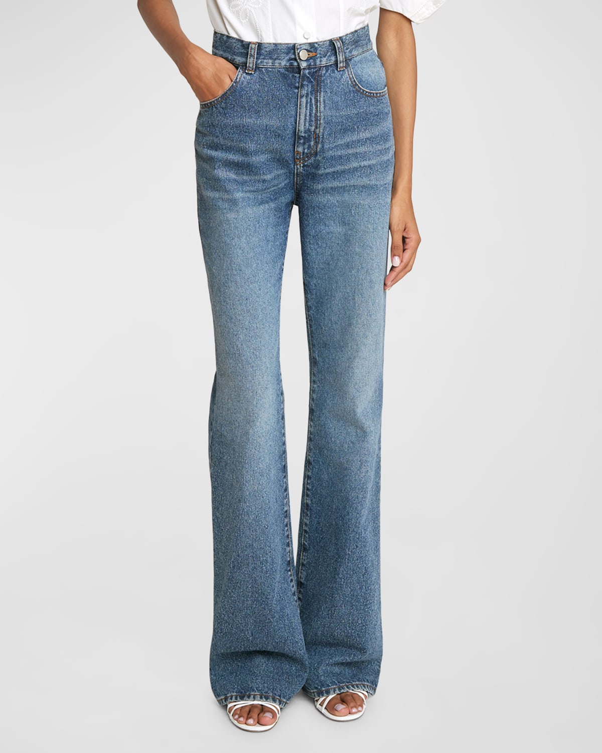 Shop Chloé High-rise Heart-pocket Wide-leg Denim Jeans In Faded Denim