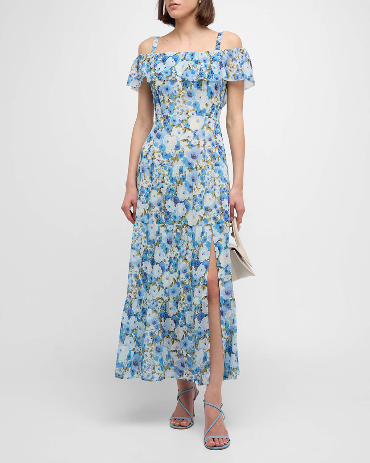 Shop Paige Carmelia Floral Off-shoulder Tiered Maxi Dress In French Blue Multi