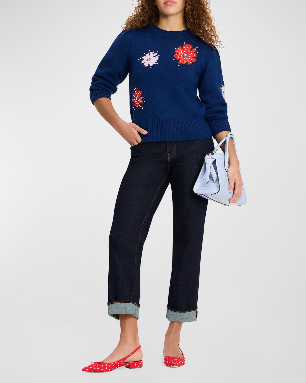 Kate Spade Beaded Floral Applique Wool Sweater In French Navy