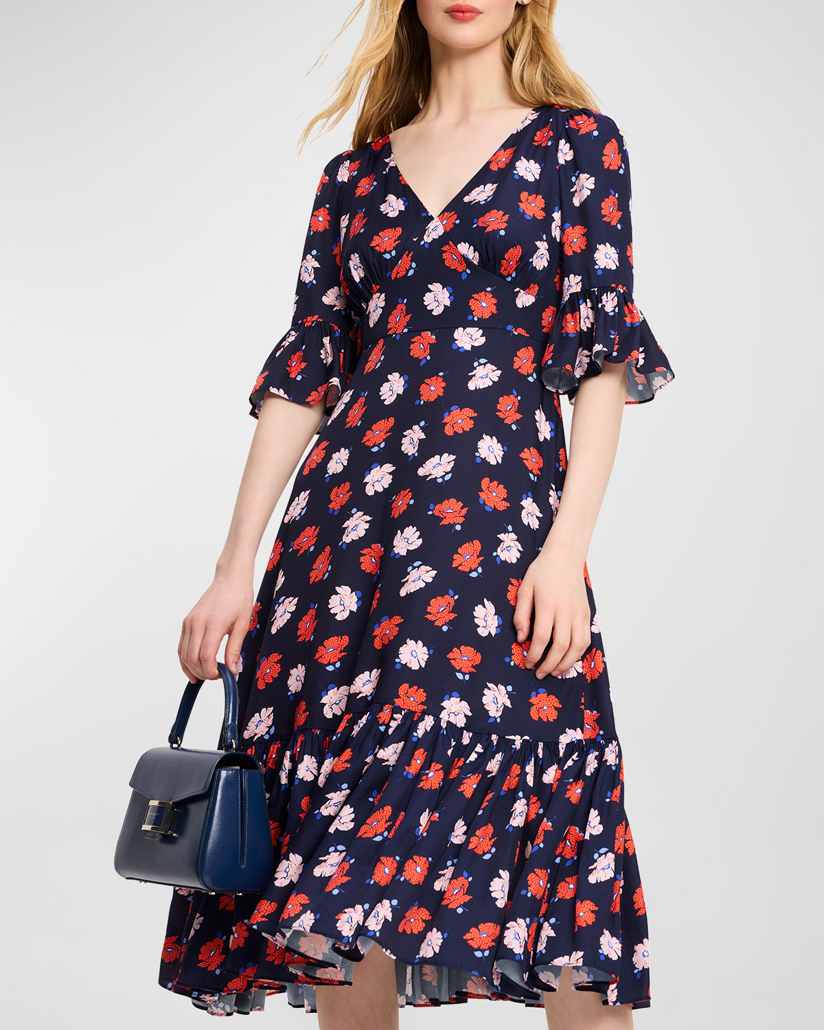Shop Kate Spade Dotty Floral-print Bell-sleeve Midi Dress In French Navy