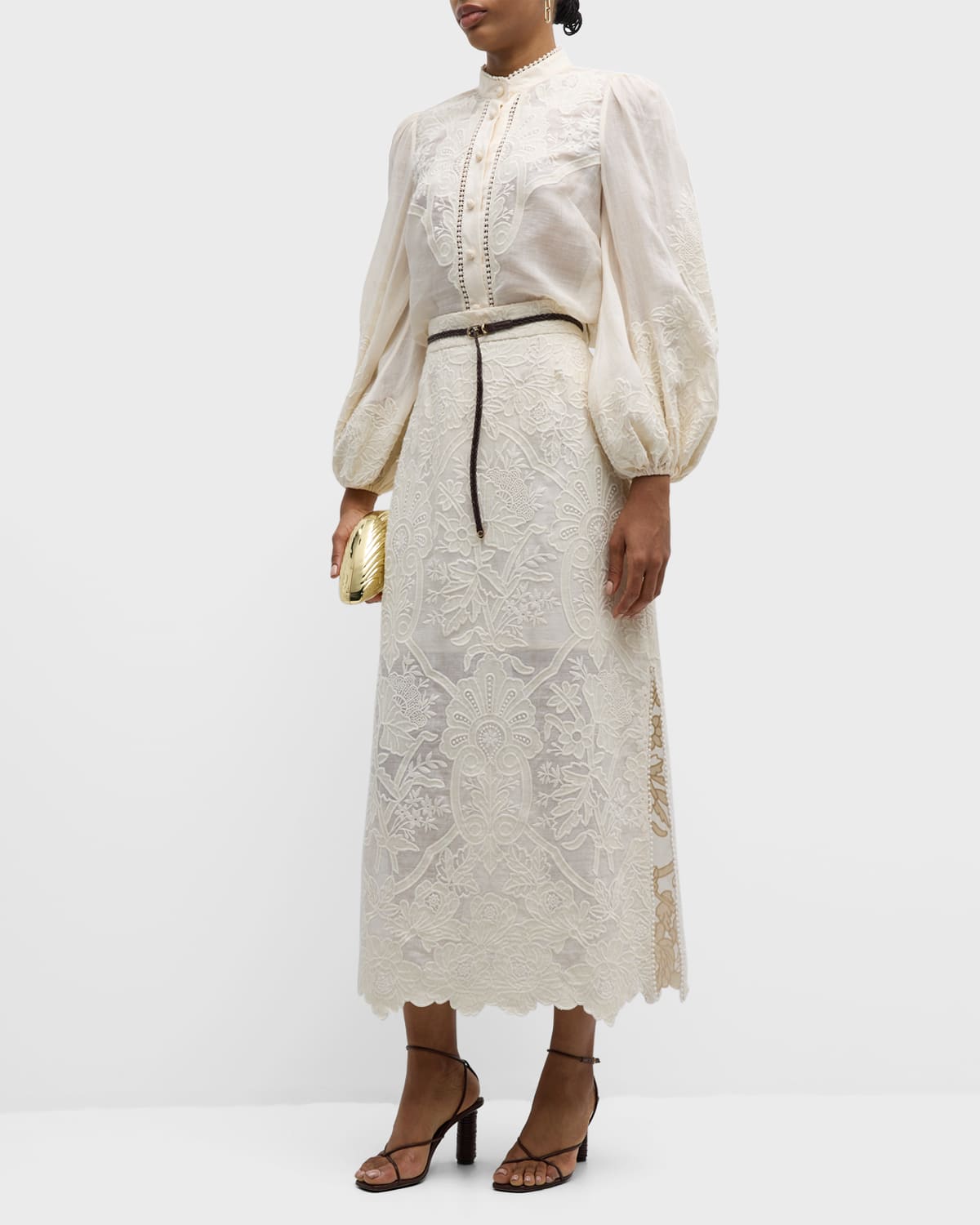 Shop Zimmermann Ottie Embroidered Midi Skirt In Cream