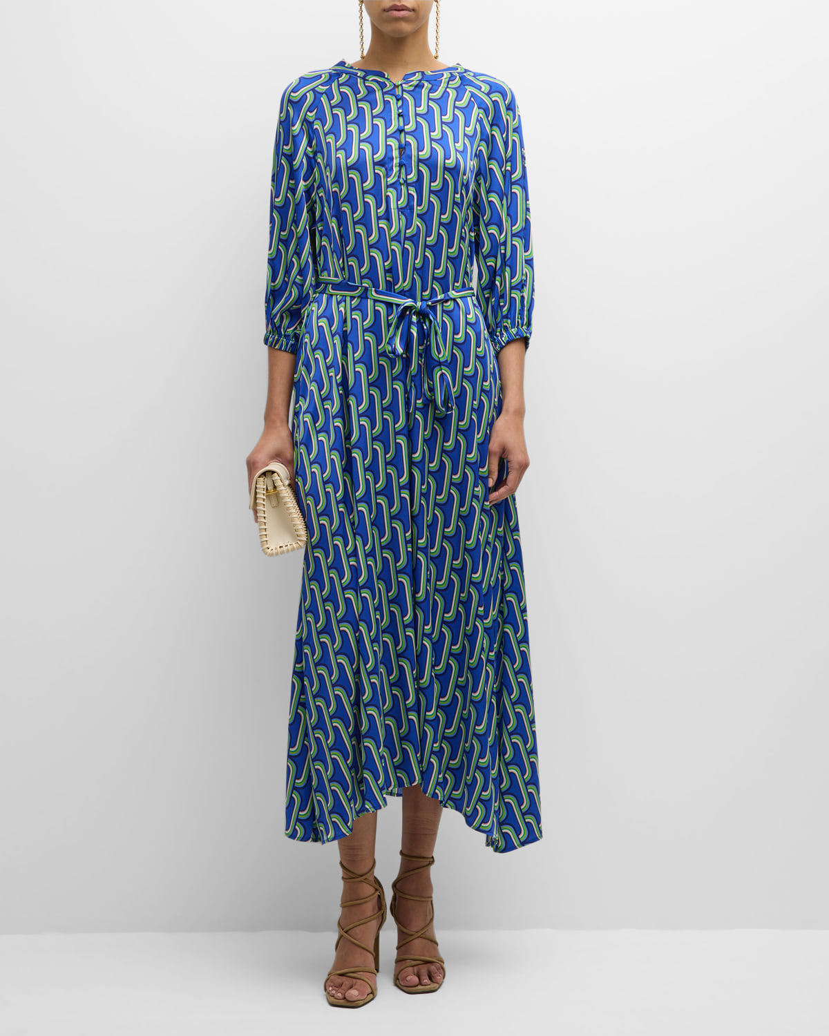 Stella Geometric-Print 3/4-Sleeve Midi Dress