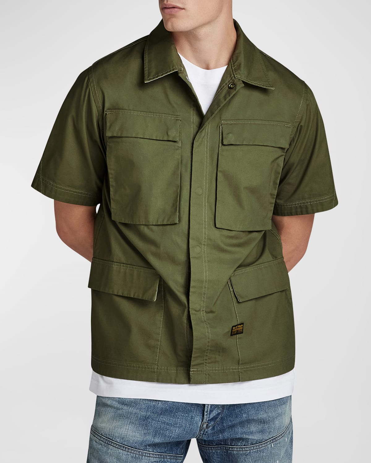 Shop G-star Raw Men's R-3n Short-sleeve Slim Overshirt In Shadow Olive