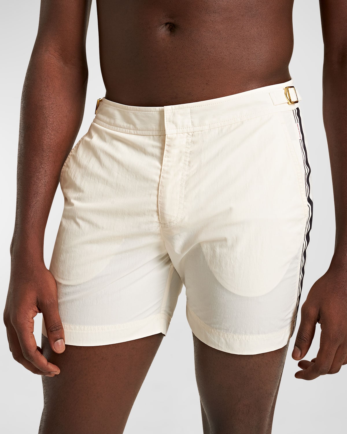 Shop Orlebar Brown Men's Bulldog Border Tape Swim Shorts In White Sand