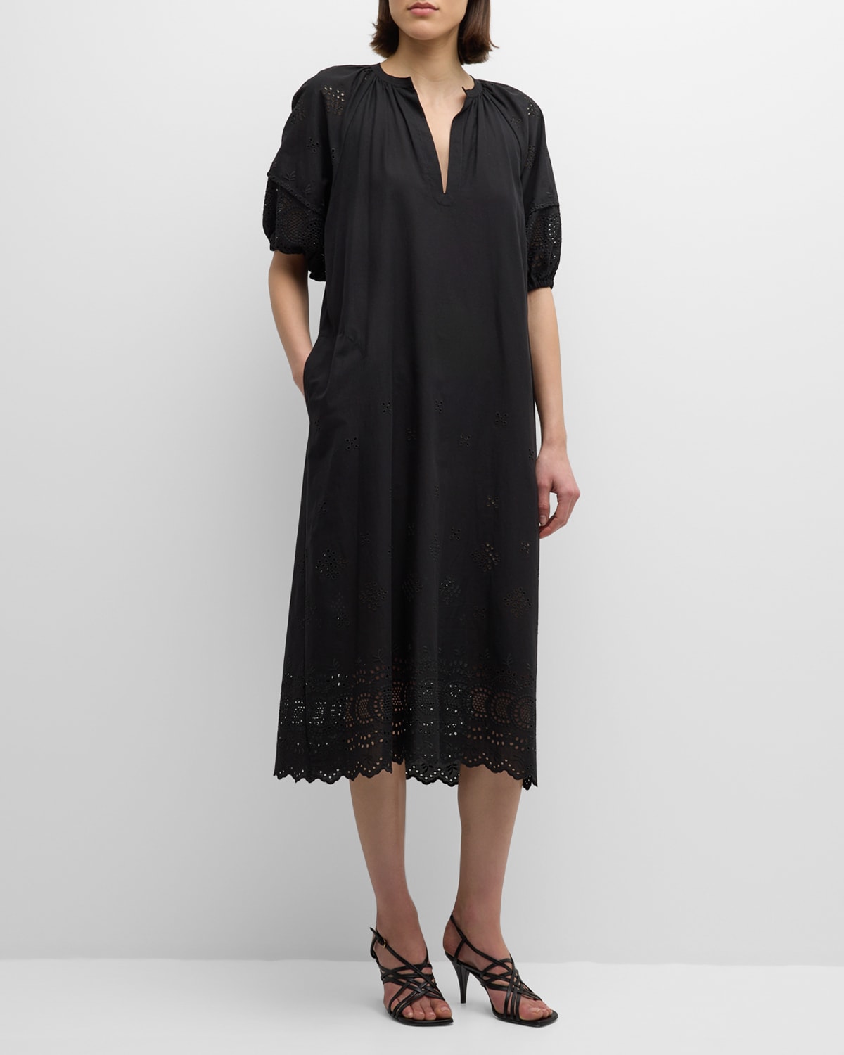 Shop Vanessa Bruno Chakila Eyelet-embroidered Midi Shift Dress In Noir