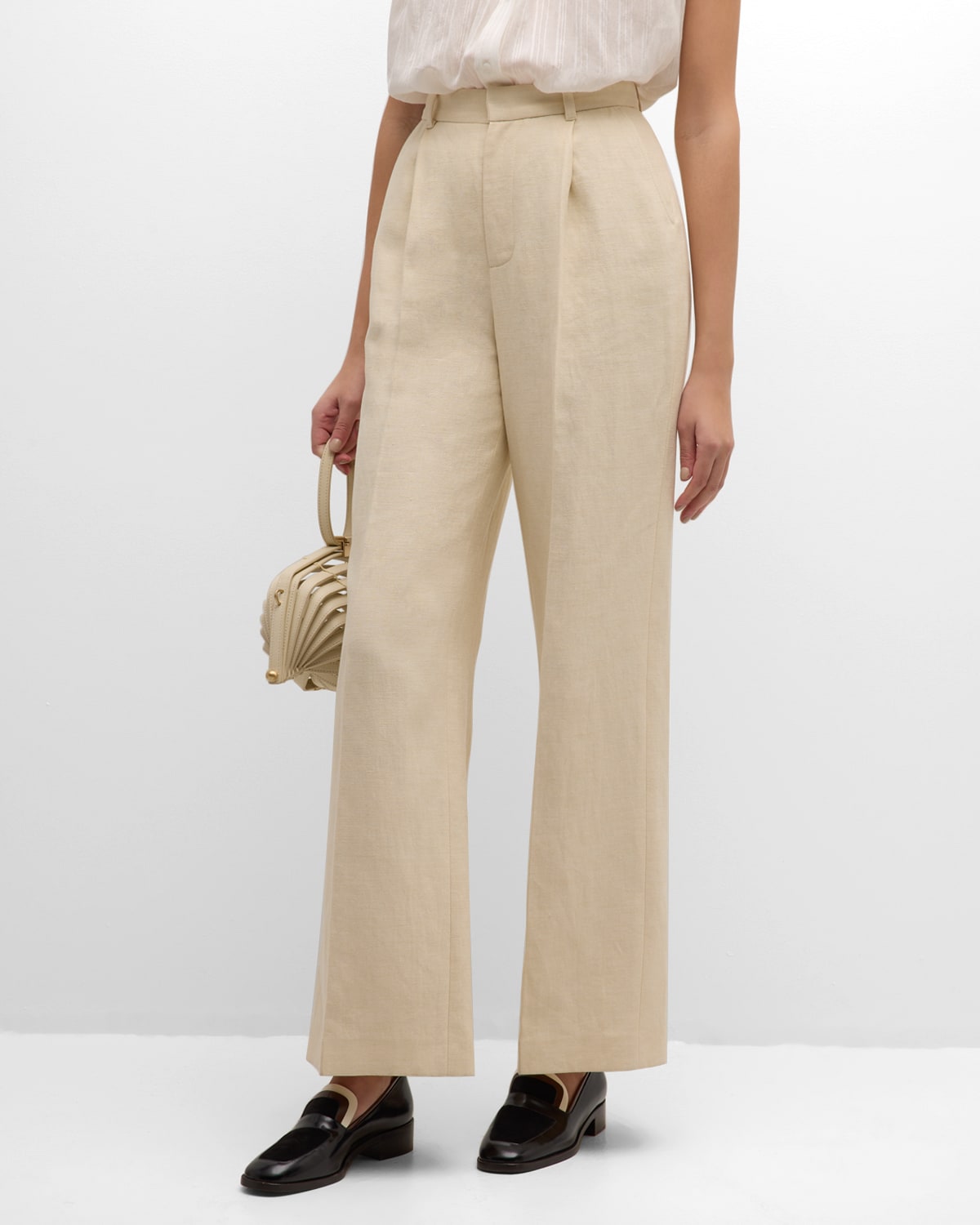 Vanessa Bruno Cyrano Pleated High-rise Cotton-linen Pants In Beige Ivoire