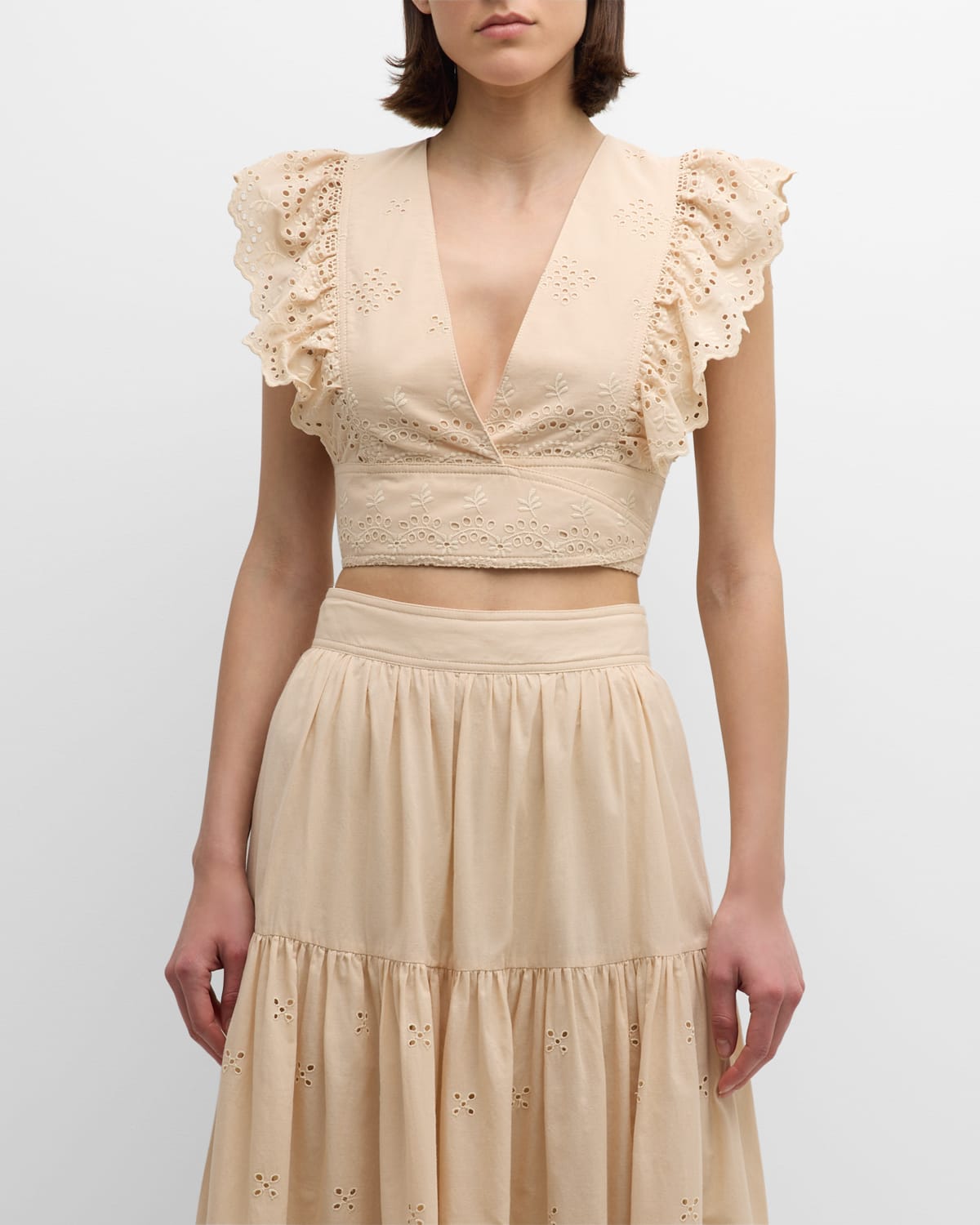 Shop Vanessa Bruno Aya Cropped Eyelet-embroidered Ruffle Wrap Top In Beige