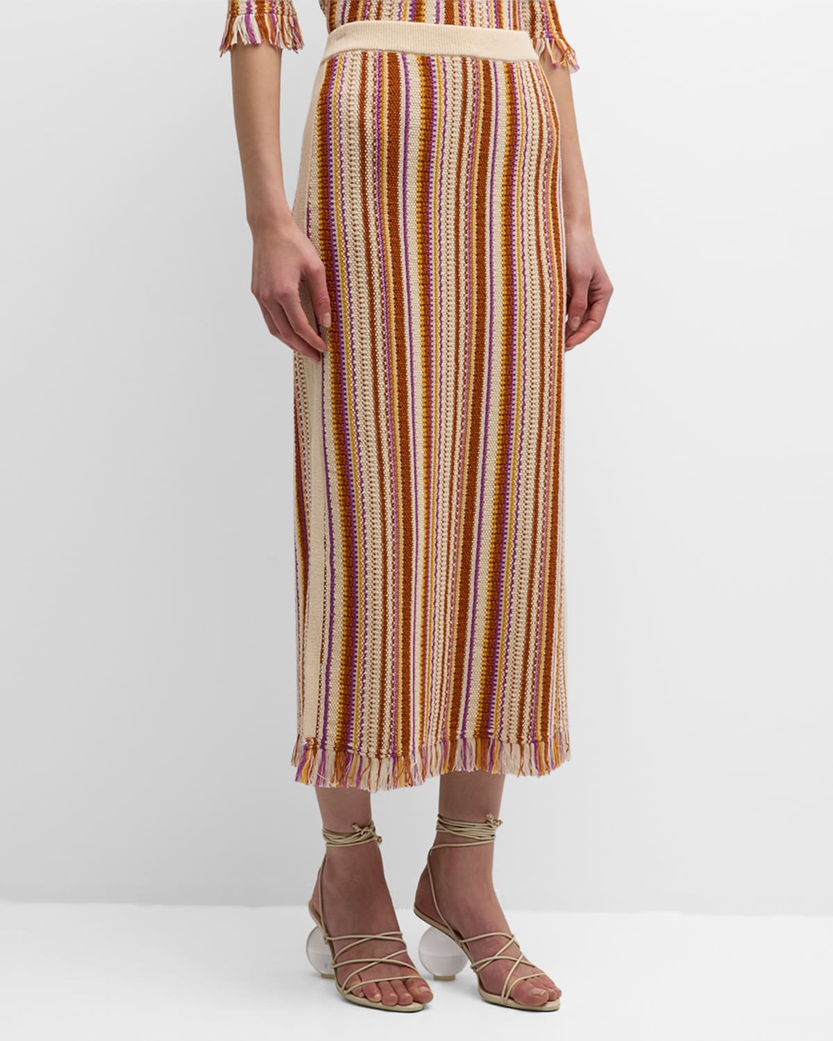 Vanessa Bruno Cypres Striped Fringe-trim Knit Midi Skirt In Brown