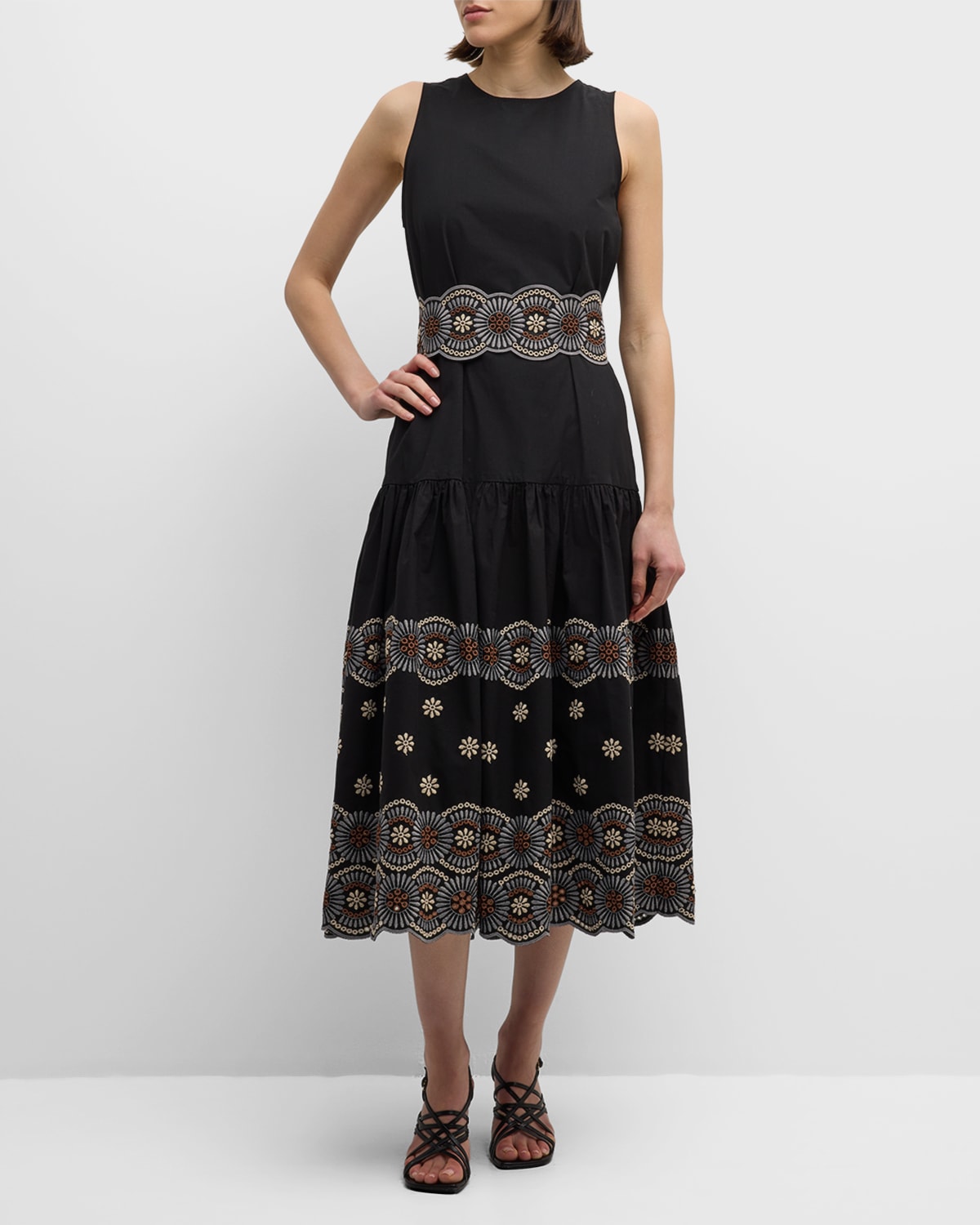 Shop Vanessa Bruno Alais Sleeveless Floral-embroidered Midi Dress In Noir