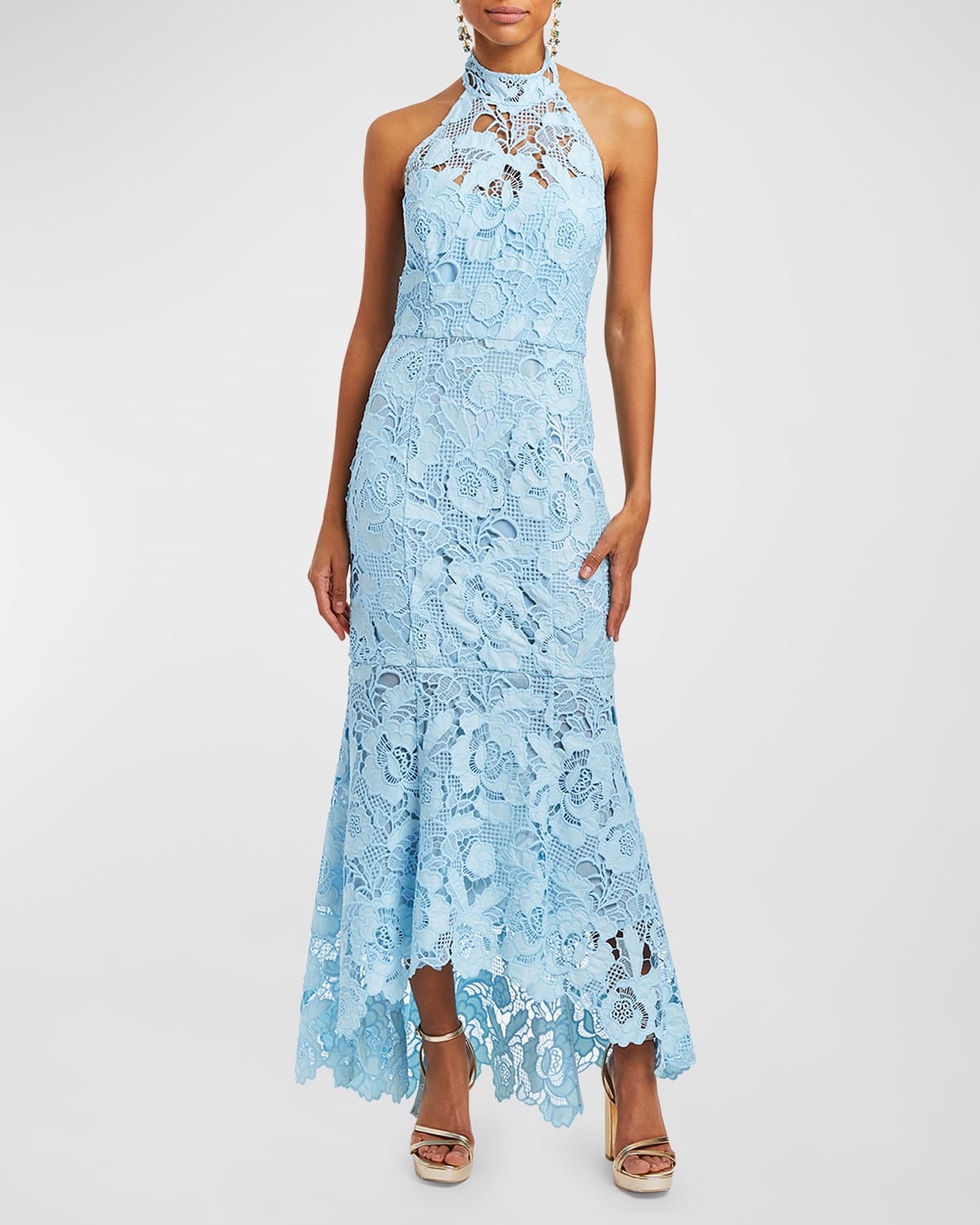 Shop Mestiza New York Francesca High-low Floral Lace Halter Gown In Ocean Blue