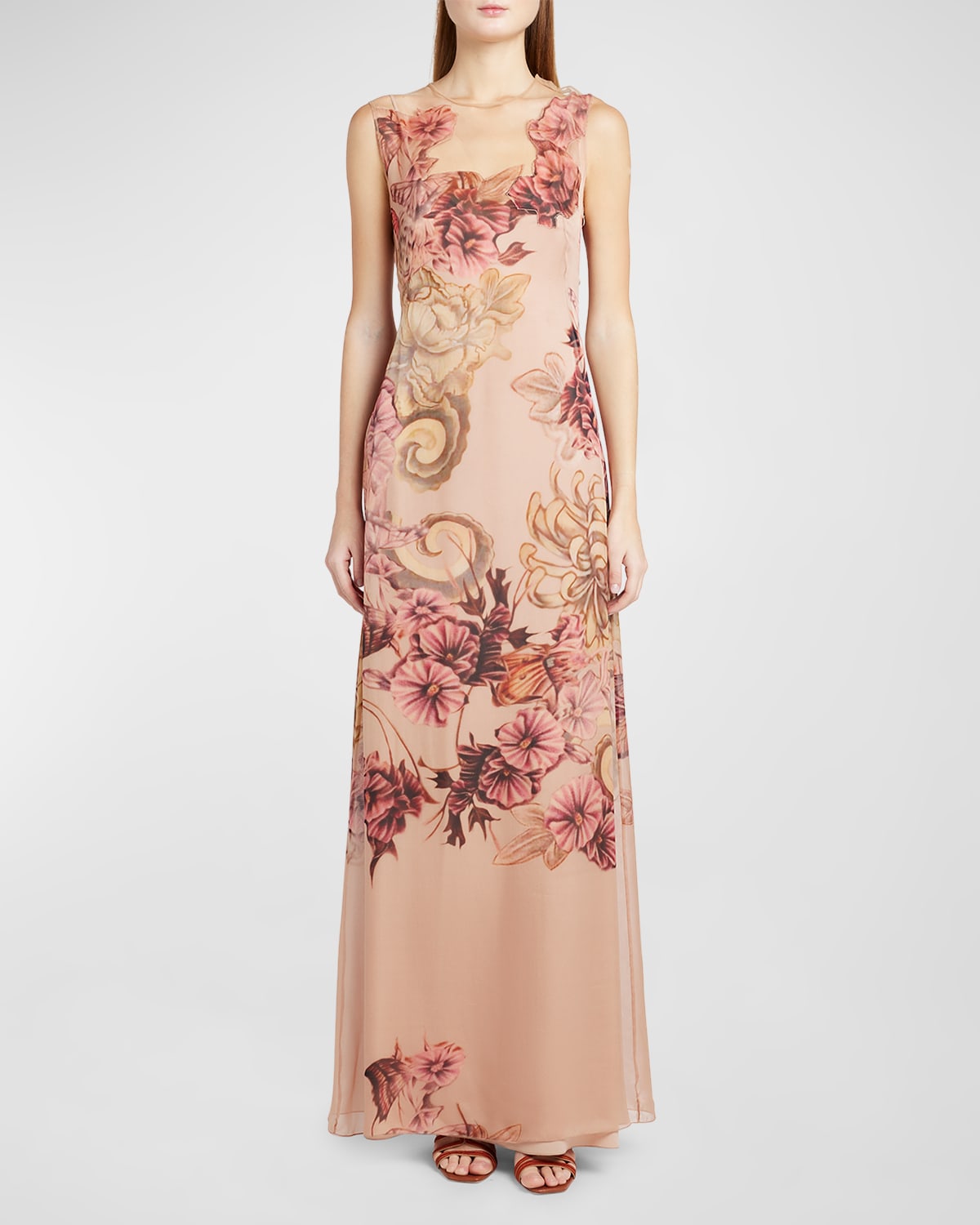 Alberta Ferretti Floral-print Sleeveless Chiffon Maxi Dress In Pink