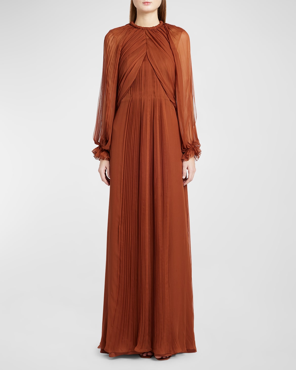 Alberta Ferretti Pleated Drape Long-sleeve Organic Chiffon Gown In Brown