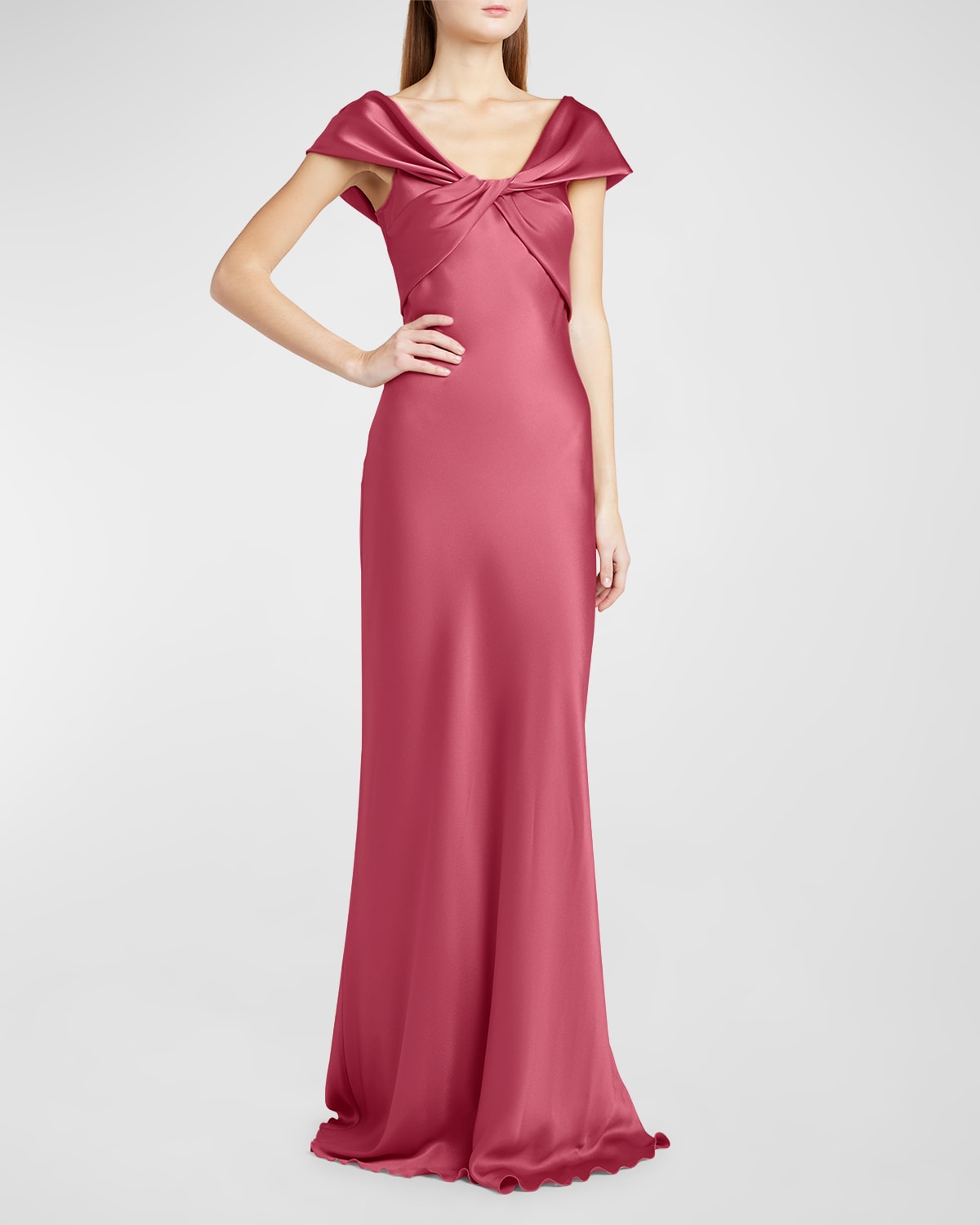 Alberta Ferretti Twisted Empire-waist Off-the-shoulder Satin Gown In Pink