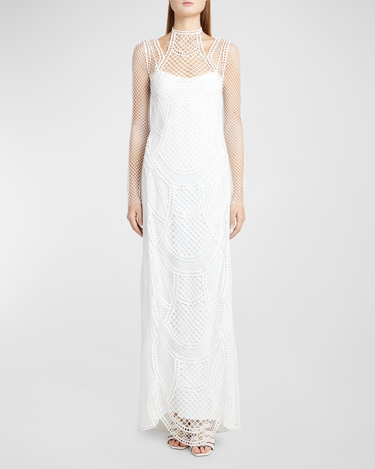 Shop Alberta Ferretti Macrame Halter Long-sleeve Gown In White