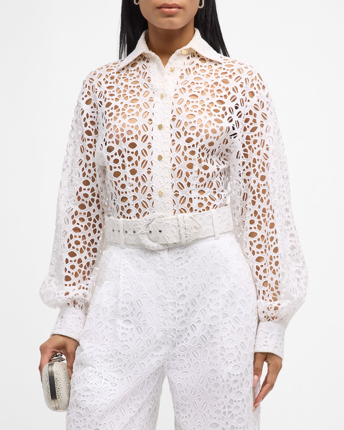 Shop Sergio Hudson Eyelet Darted Button-front Top In White