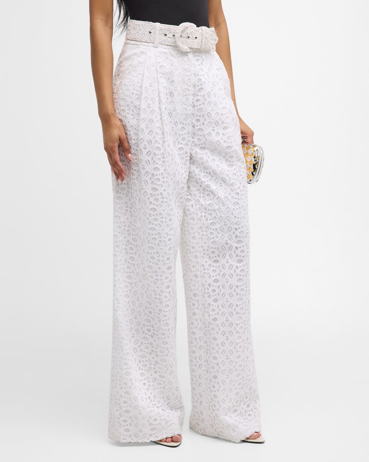 Sergio Hudson Eyelet Pleated Wide-leg Pants With Belt In White