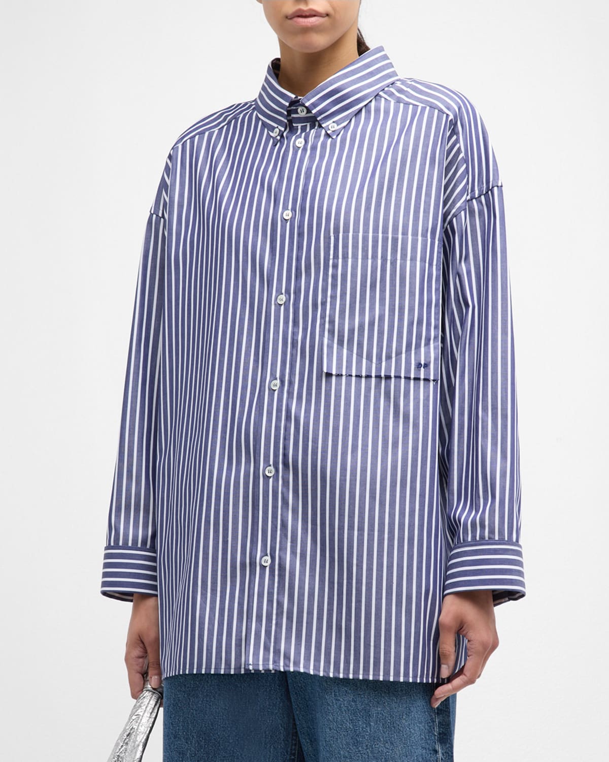 Shop Darkpark Long Stripe Oversized Shirt In Raw Bluewhite