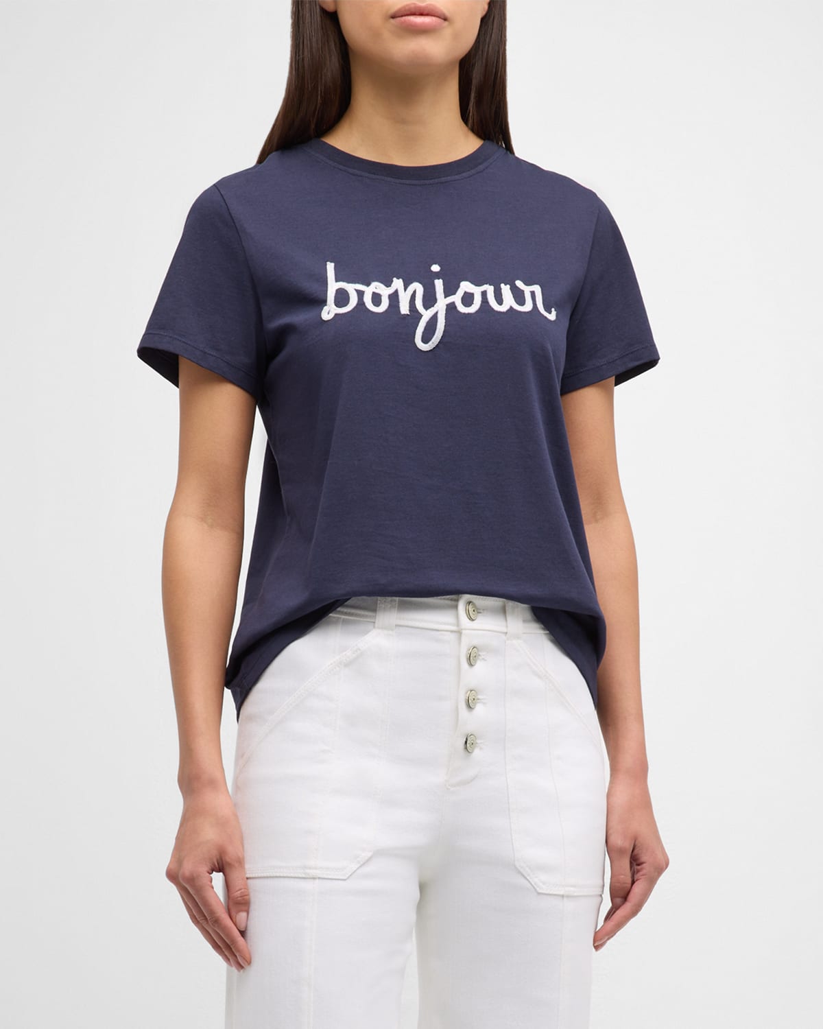 Cinq À Sept Sequined Bonjour Short-sleeve Cotton Tee In Navywhite