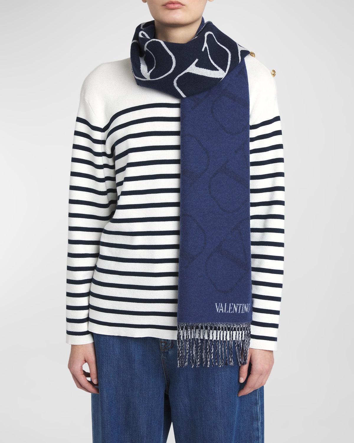 Shop Valentino V-logo Signature Cashmere & Wool Scarf In Kud Navy Navy Avorio Navy