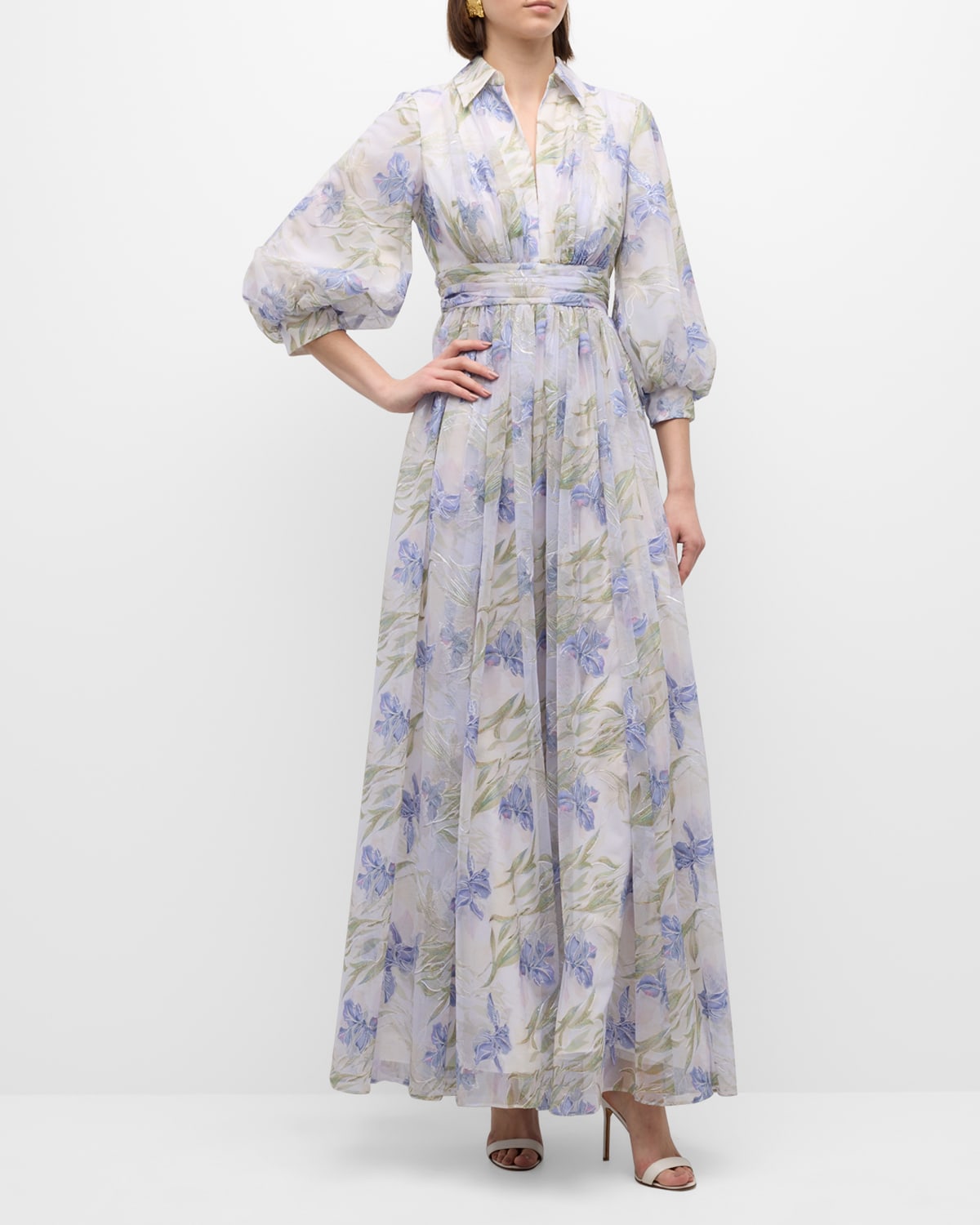 Badgley Mischka Pleated Sequin-embellished Floral-print Gown In Lilac Multi
