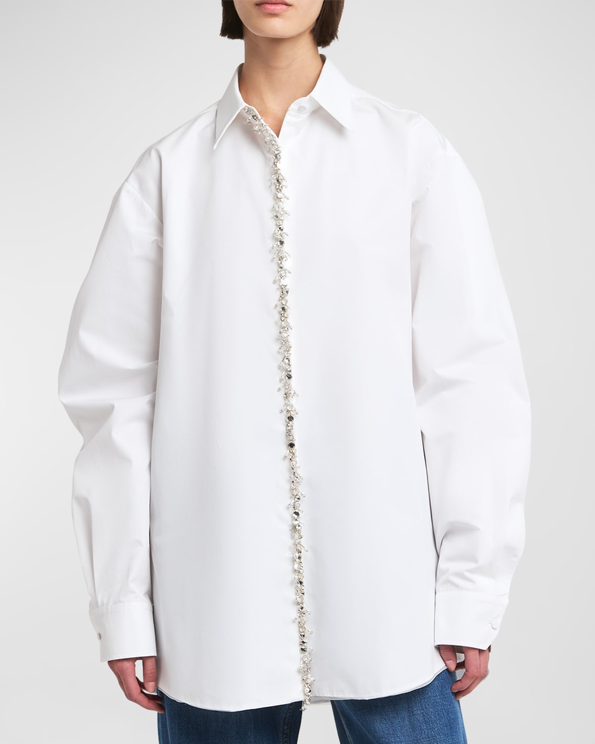Shop Valentino Poplin Button-front Shirt With Crystal Trim Placket In White Multi