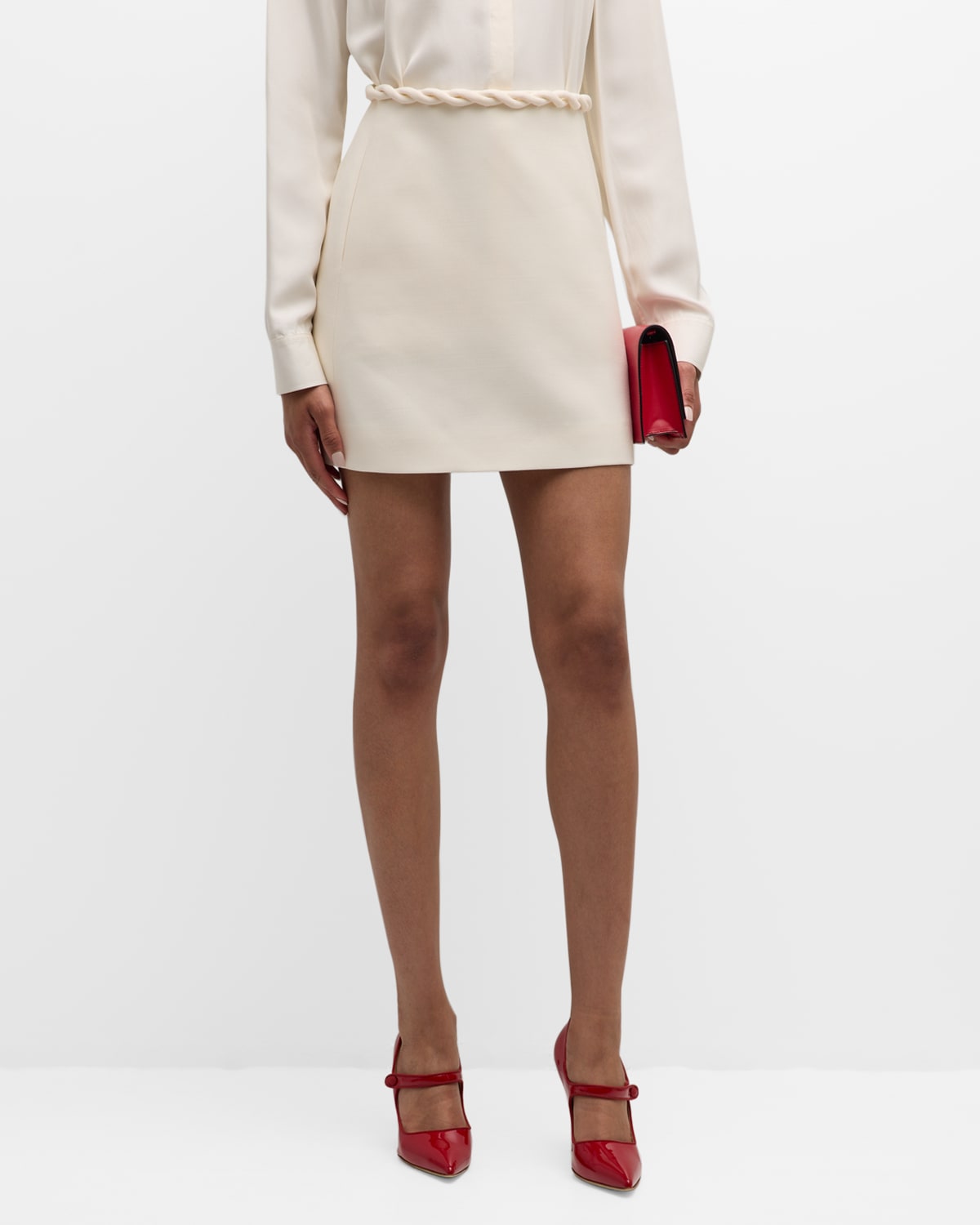 Valentino Braided Waist Solid Crepe Mini Skirt In Ivory