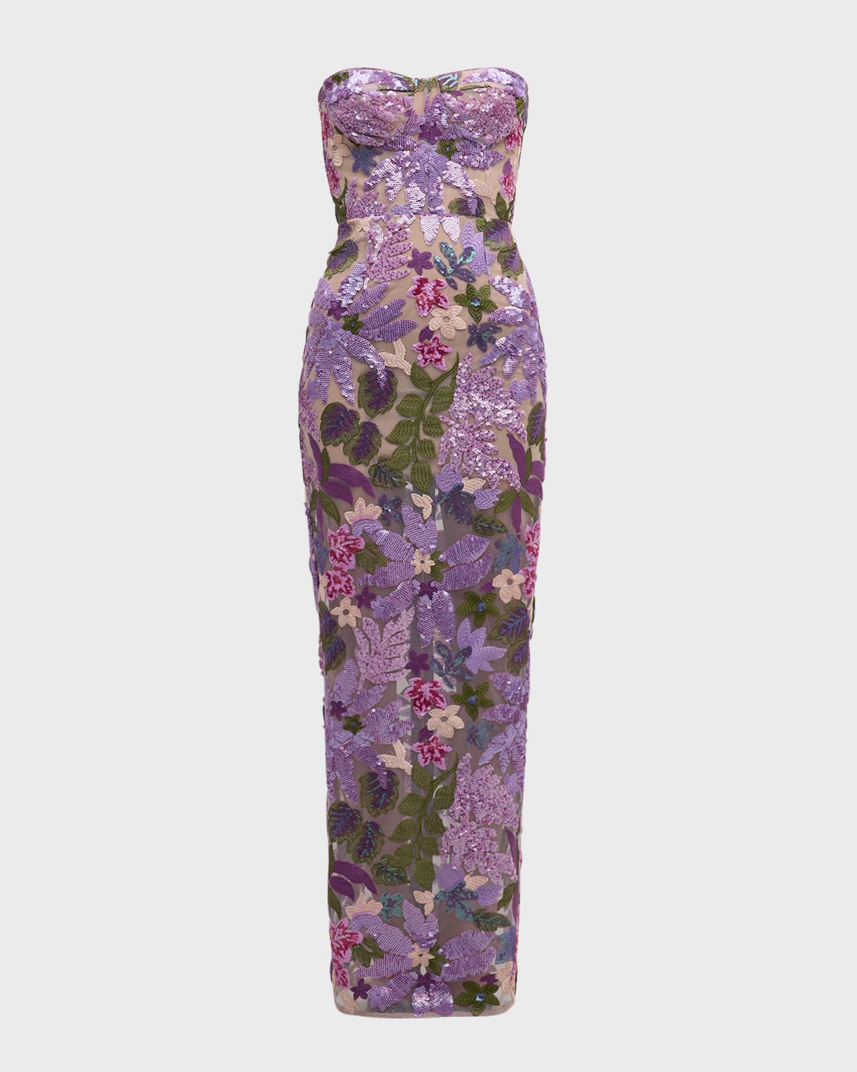 Bronx And Banco Dahlia Strapless Floral-embroidered Sequin Gown In Lilacmulti