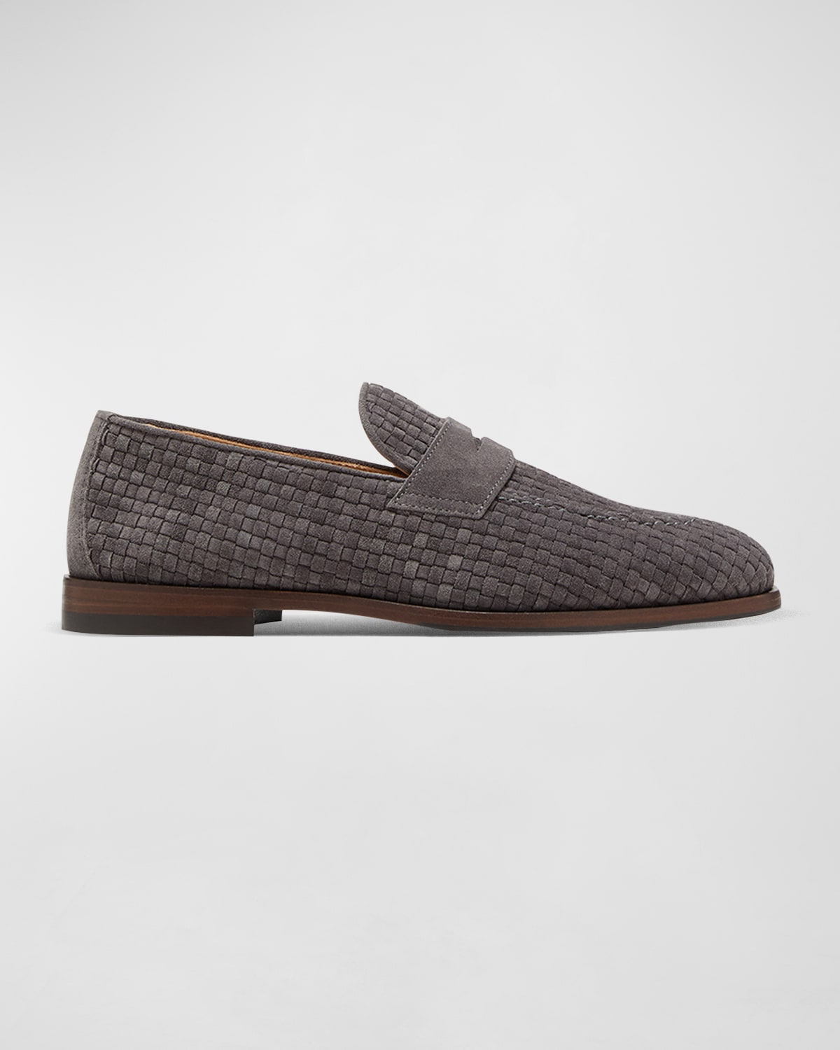 Shop Brunello Cucinelli Men's Woven Suede Penny Loafers In Grey 
