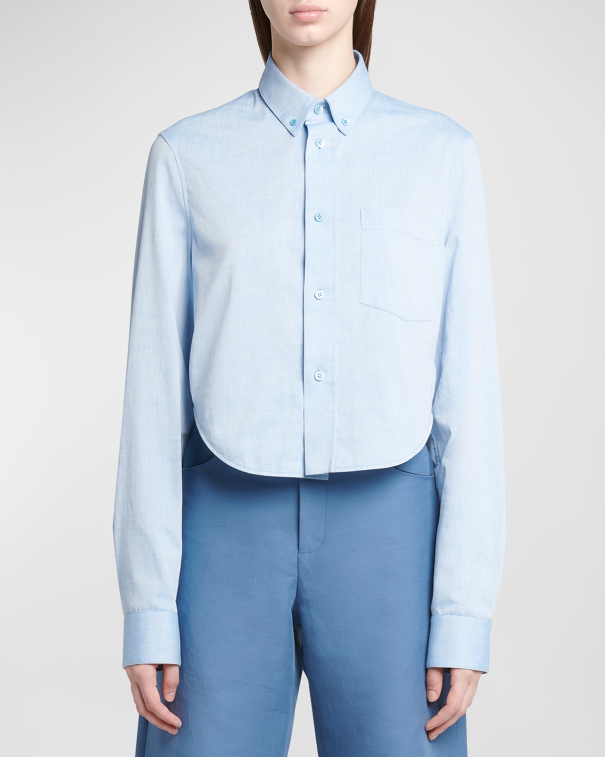 Shop Marni Long-sleeve Collared Crop Shirt In Light Blue