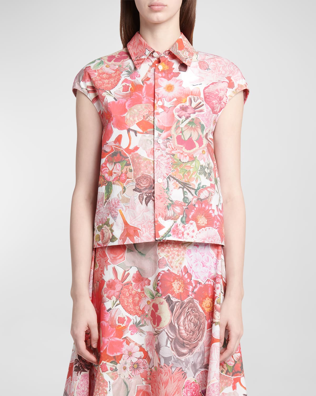 Shop Marni Floral-print Cap-sleeve Boxy Shirt In Pink