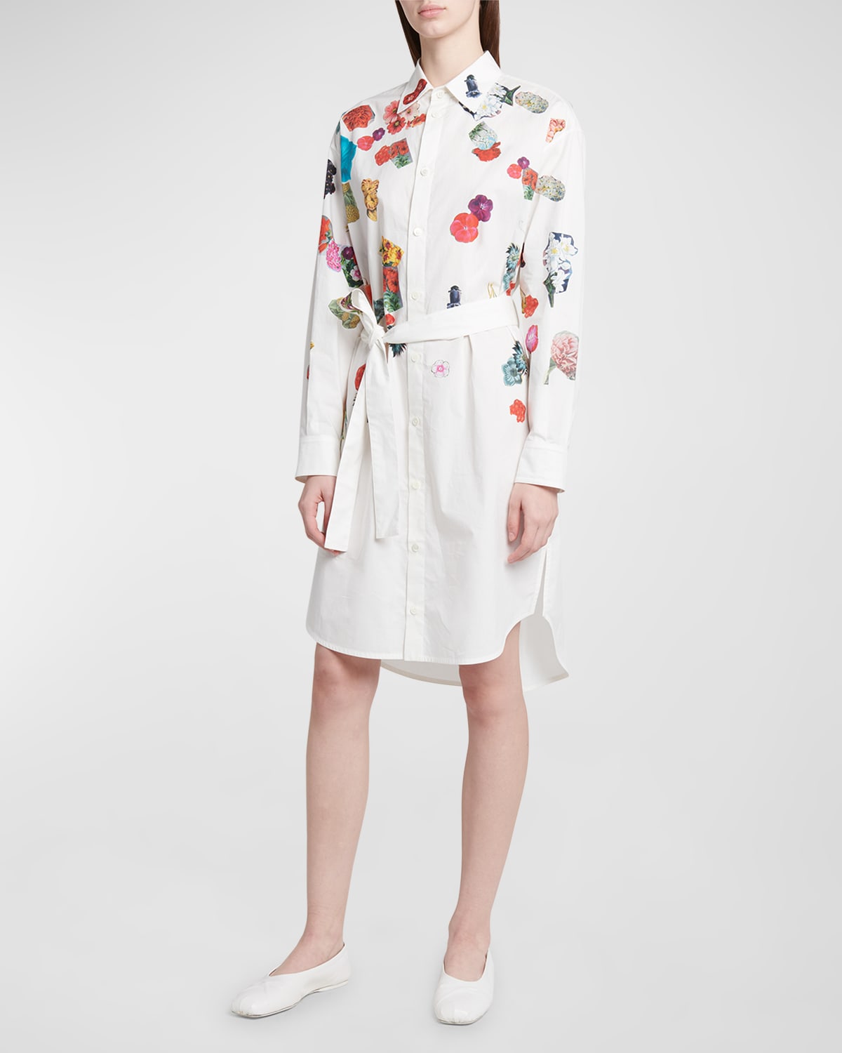 Shop Marni Floral-print Belted Long-sleeve Shirtdress In Lily White