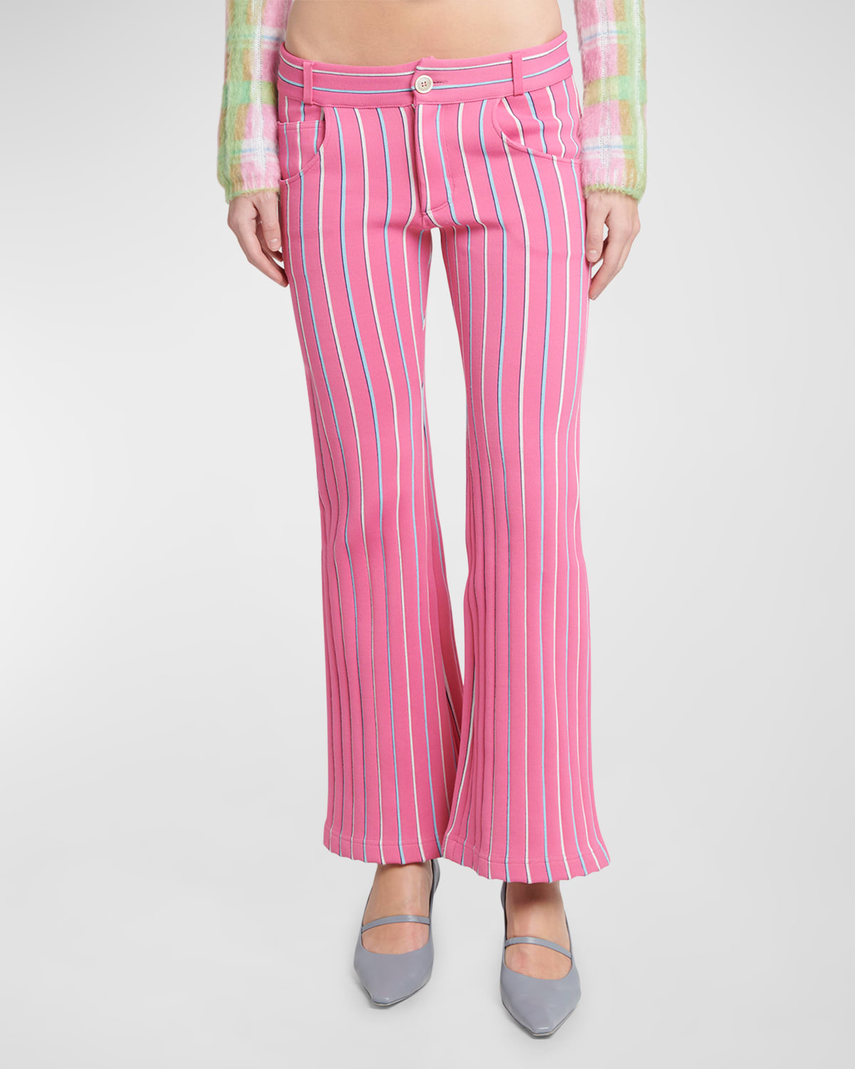 Shop Marni Low-rise Striped Flare Trousers In Pink