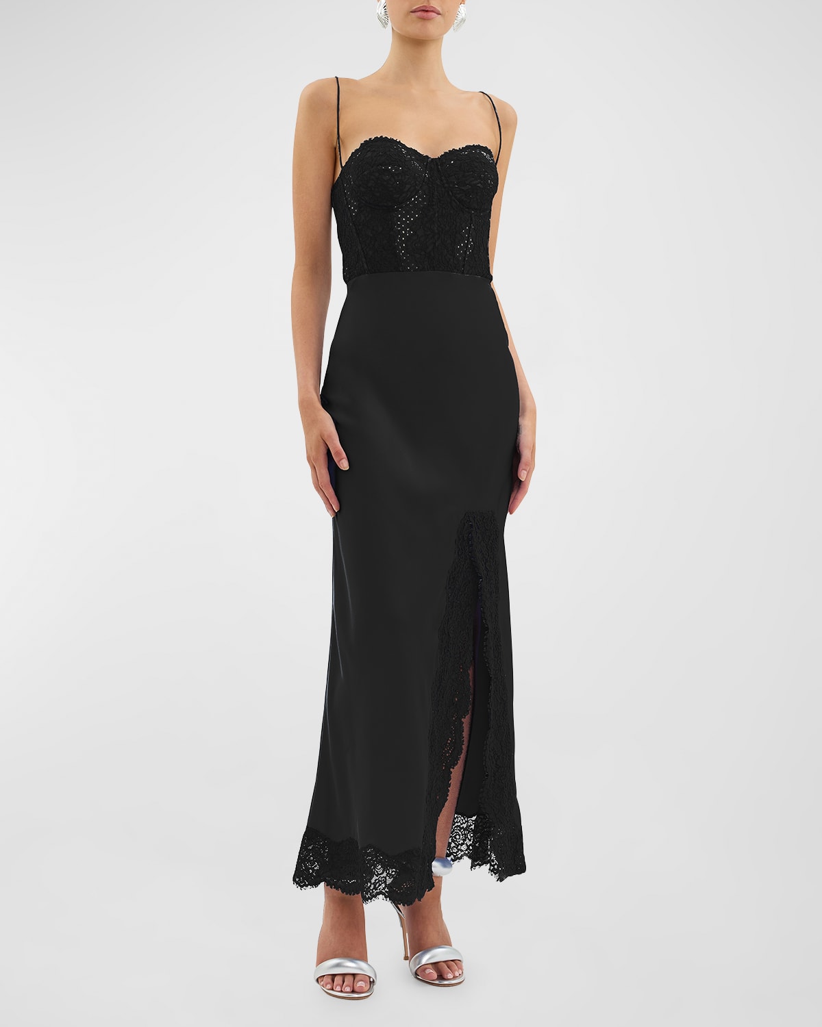 Rebecca Vallance Larisa Lace-embellished Silk Corset Gown In Black