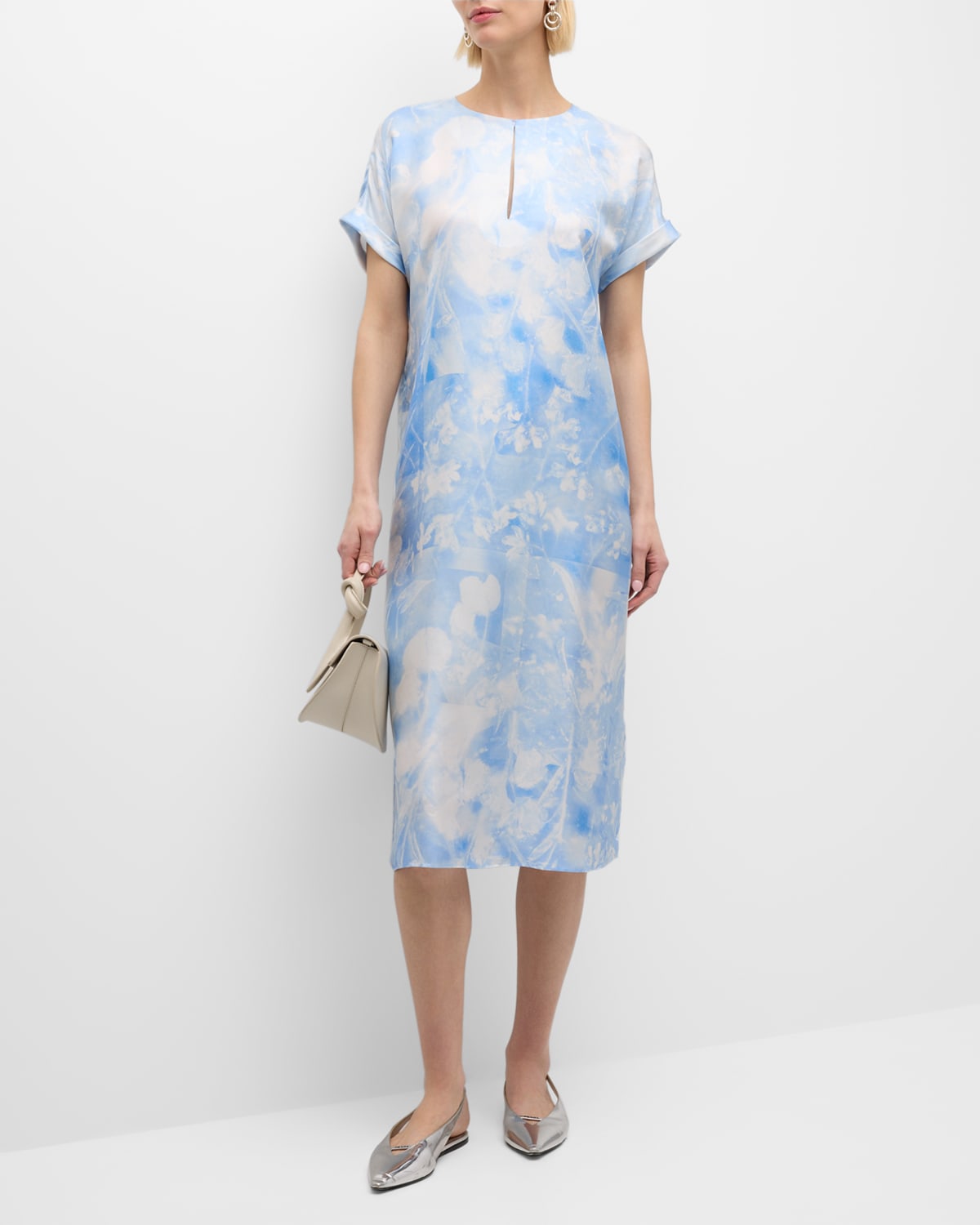 Lafayette 148 Dolman-sleeve Eco Flora-print Twill Midi Dress In Sky Blue Multi