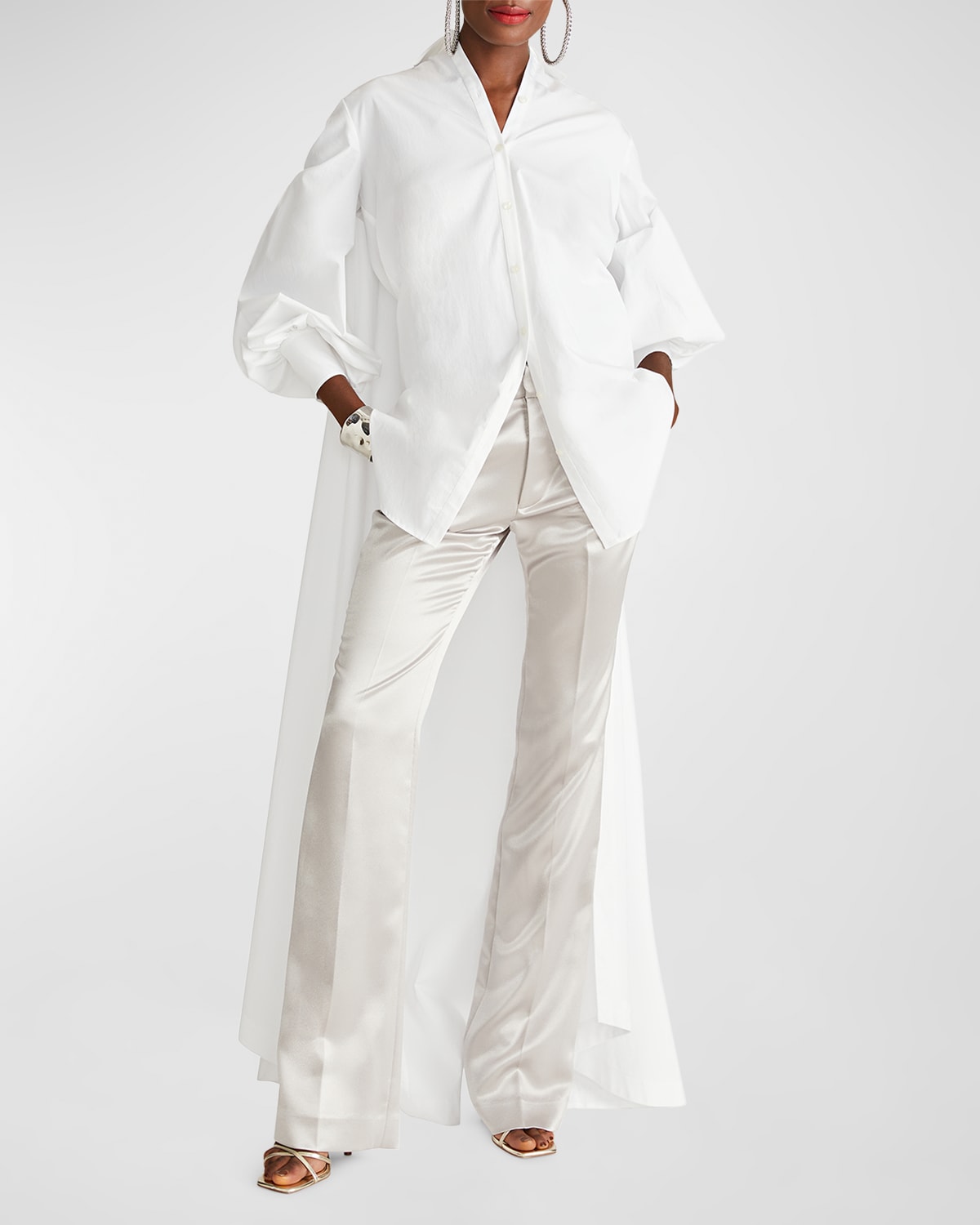 Shop Halston Korina Bishop-sleeve Cotton Poplin Cape Shirt In White