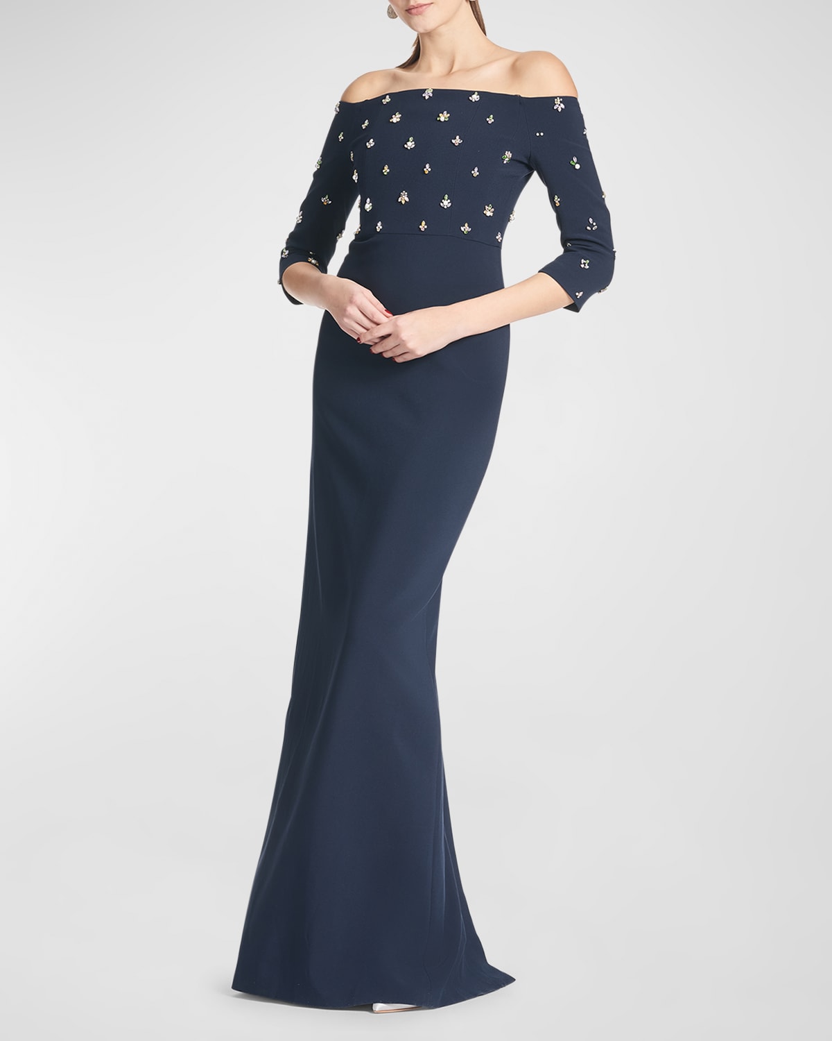 Shop Sachin & Babi Amarette Off-shoulder Crystal-embellished Gown In Darkmidnight