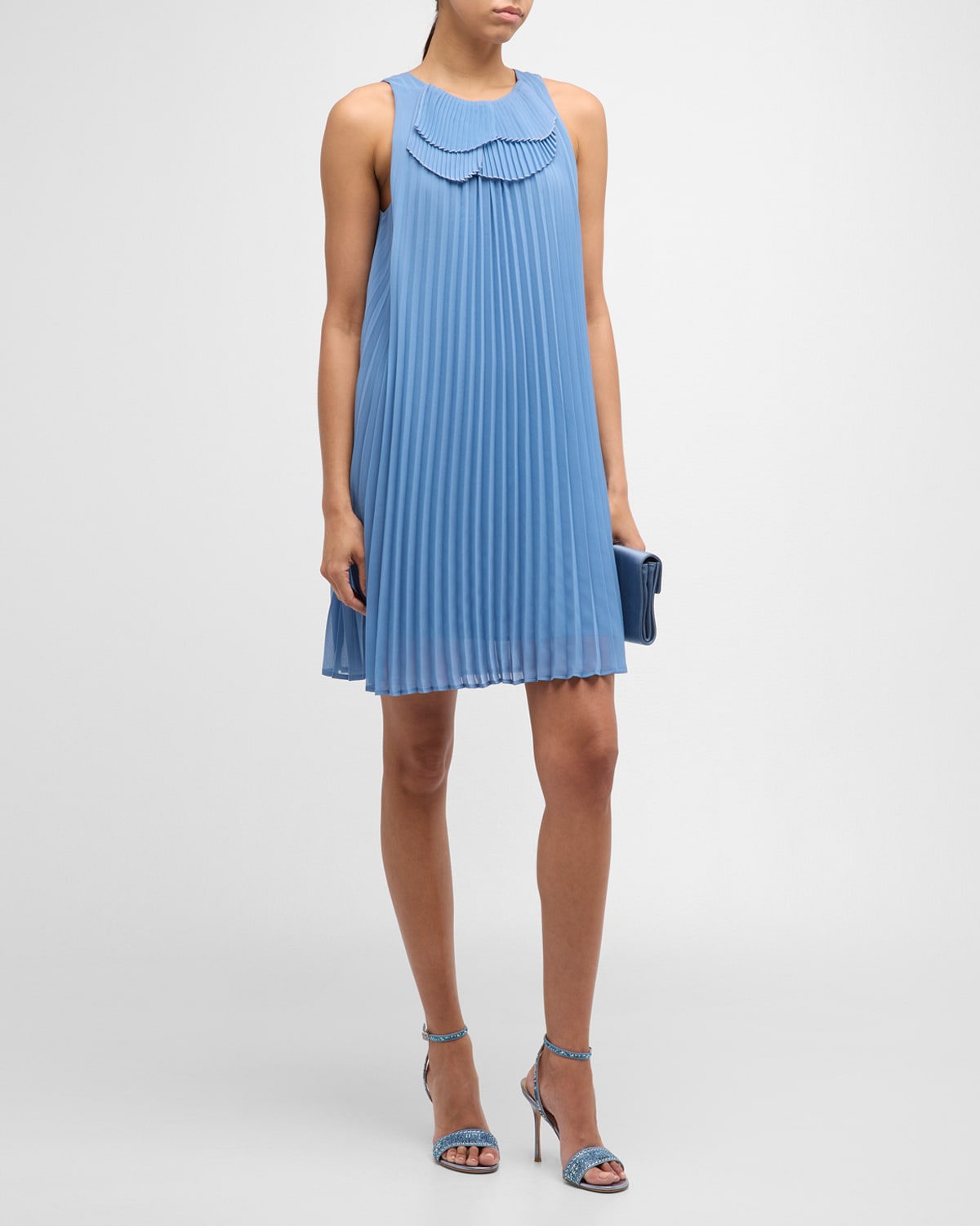 Emporio Armani Sleeveless Pleated Mini Shift Dress In Blue