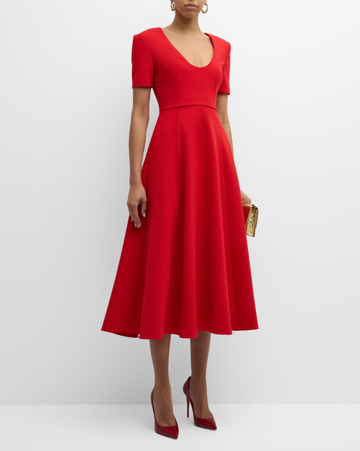 Shop Roland Mouret Scoop-neck Short-sleeve Crepe Midi Dress In Red