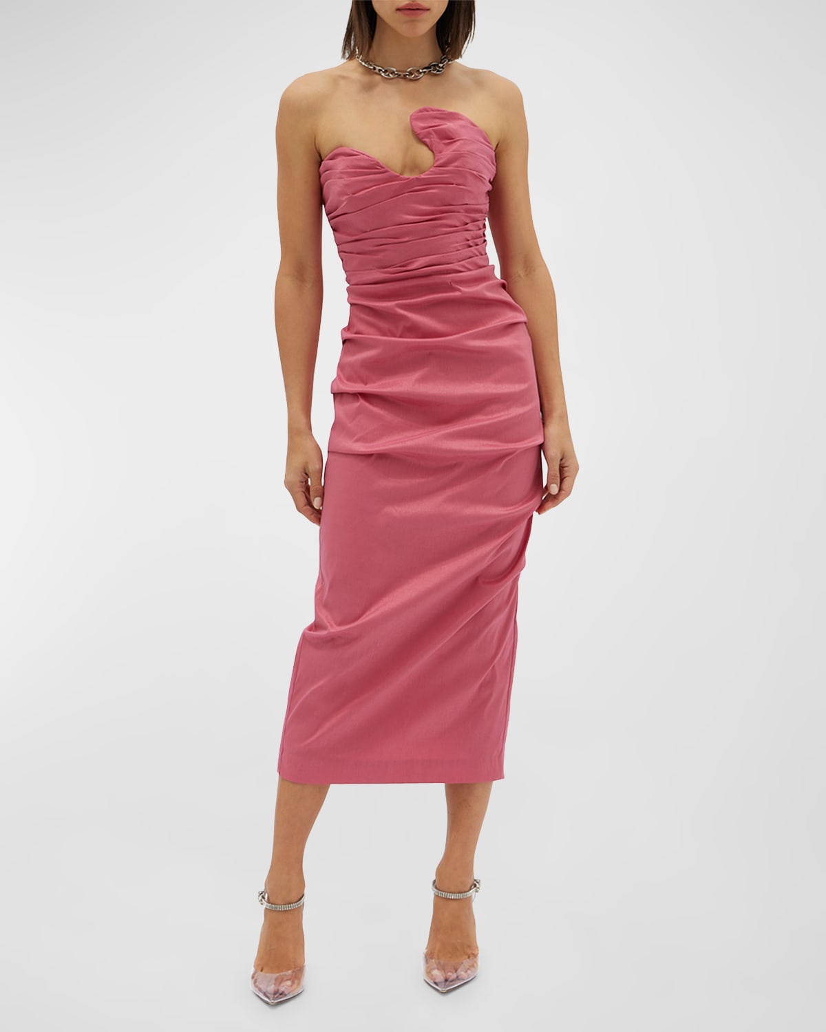 Shop Rachel Gilbert Cheri Sculpture Strapless Draped Midi Dress In Rose