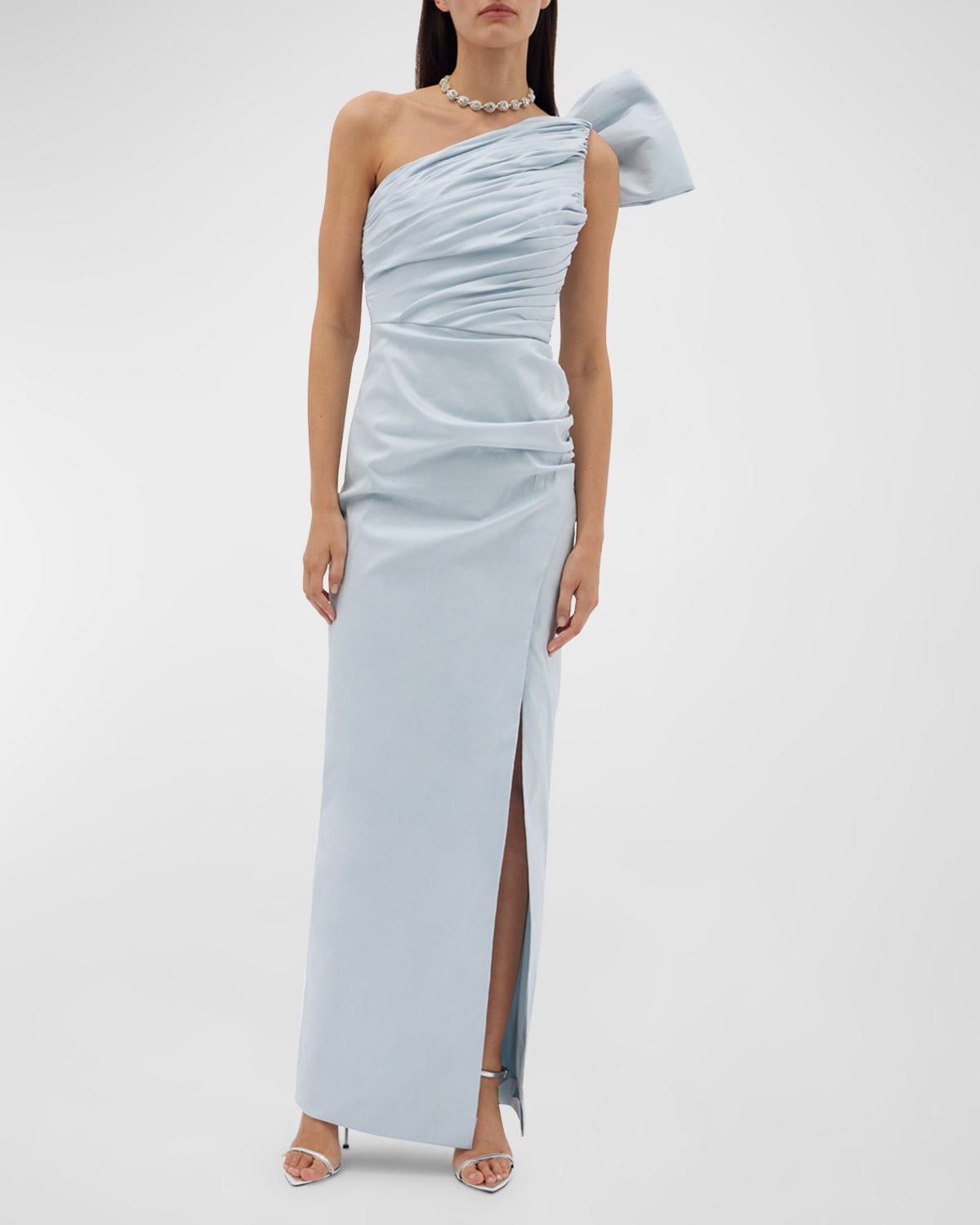 Shop Rachel Gilbert Olive Pleated Draped One-shoulder Bow Side-slit Gown In Ice