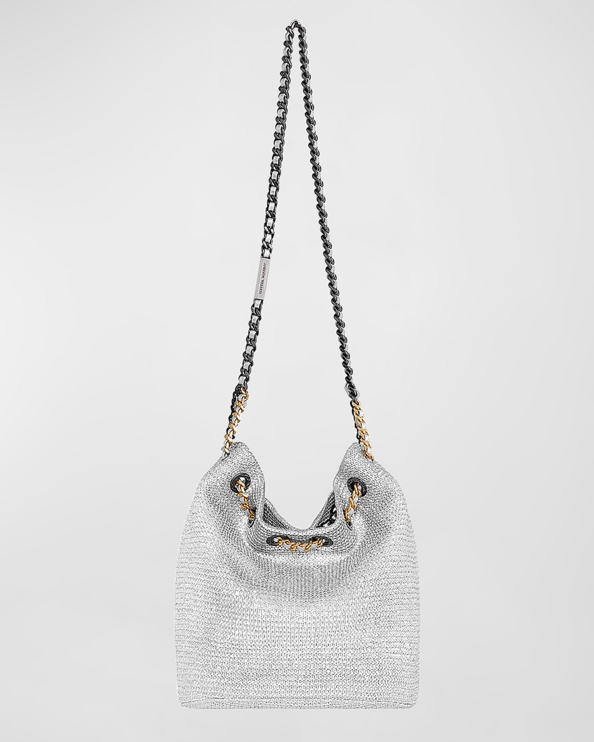 Rebecca Minkoff Metallic Woven Chain Bucket Bag In Silver