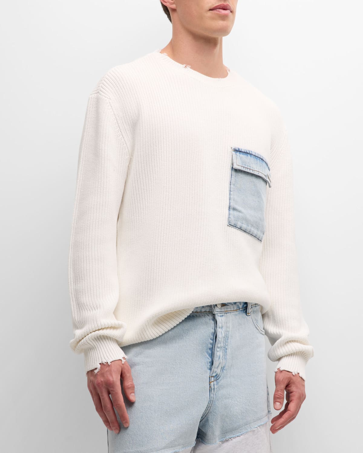 Shop Ser.o.ya Men's Damien Sweater With Denim Pocket In White W/ Denim
