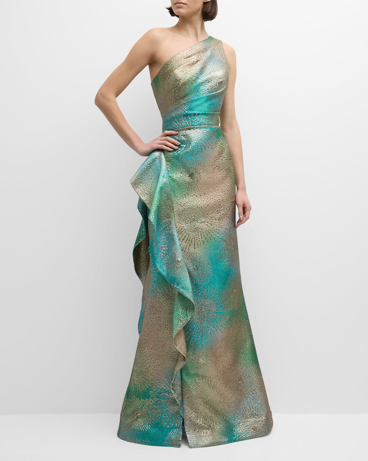 One-Shoulder Ruffle Metallic Jacquard Gown