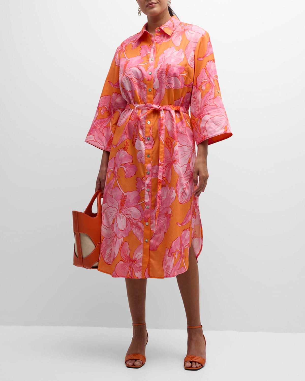 Shop Finley Plus Size Alex Floral-print Midi Shirtdress In Orangepink